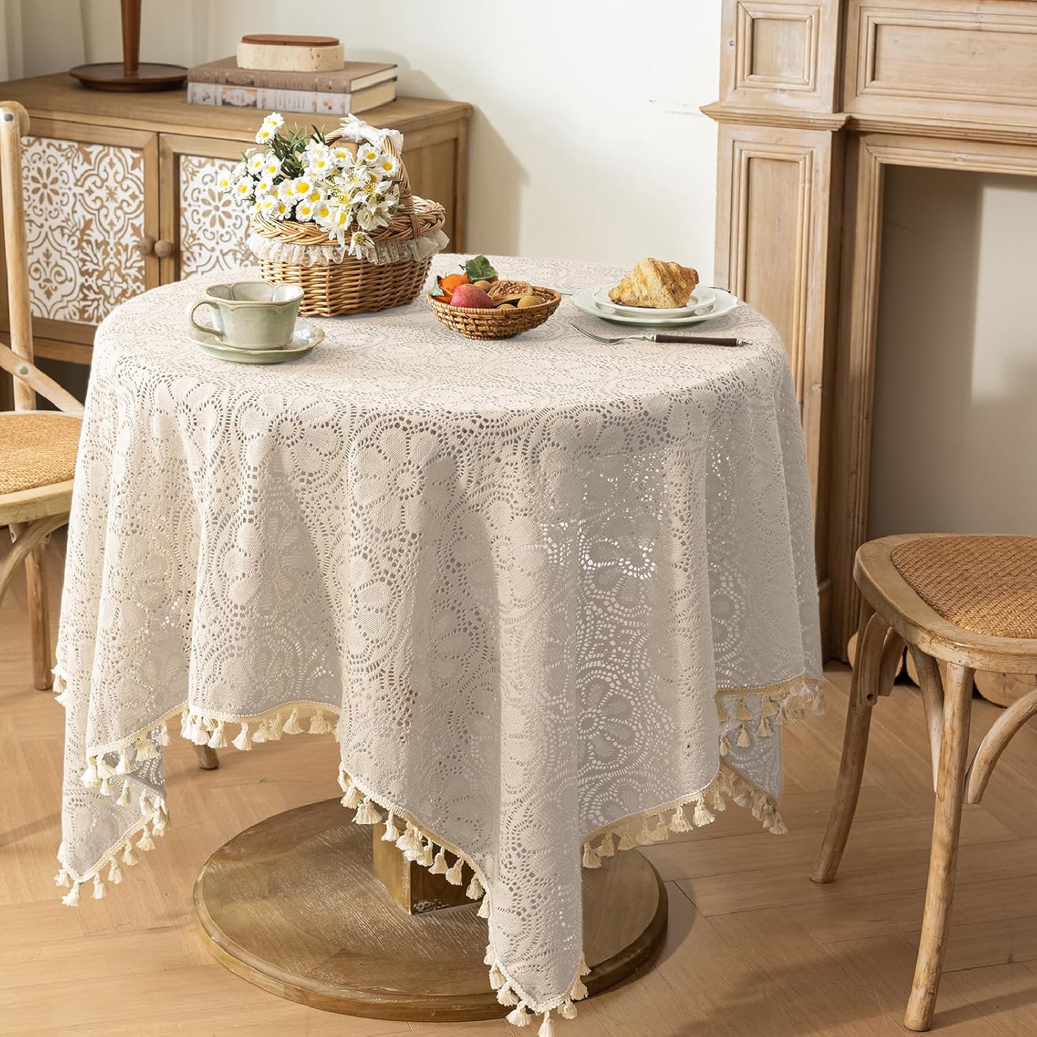 Boho Crochet Tablecloth Square 60 x 60 Inch Beige Farmhouse Handmade Embroidered Cotton Lace Table Cloth Rectangle with Tassels Vintage Floral Table Cover for Dining Party Buffet Wedding Decoration