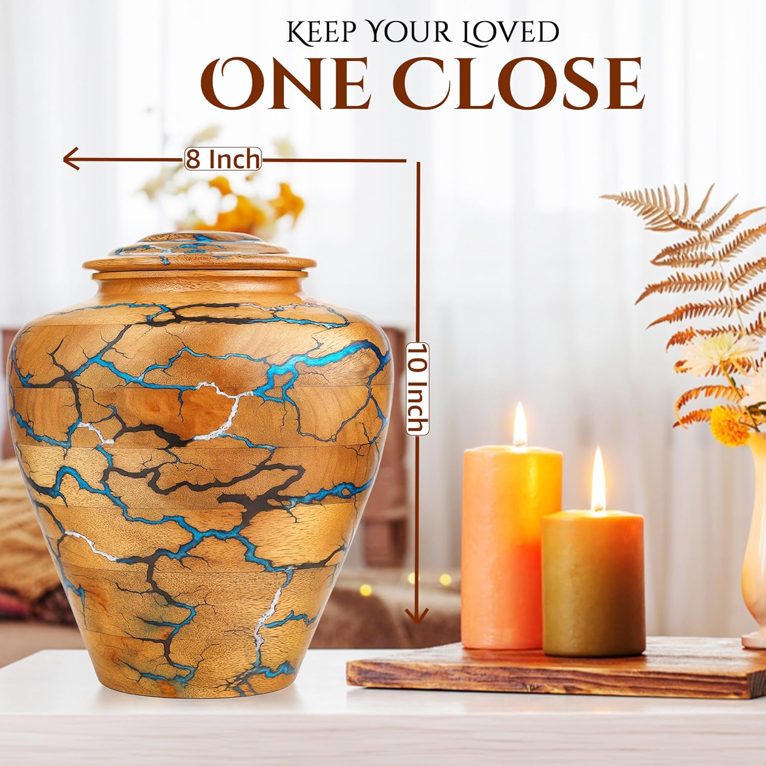 Handmade Wooden Cremation Urn for Adult Human Ashes – Mango Wood & Epoxy Resin Memorial Urn with Secure Lid – Decorative Funeral & Burial Urn for Home (X-Large, 8x8x10 Inch, 225 Cu in)