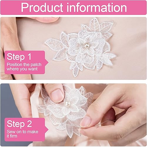 Miniatura 3 de PAGOW 14 piezas de bordado de encaje de flores en 3D, para coser en secuencia de flores, parches de encaje con diamantes de imitación, apliques de