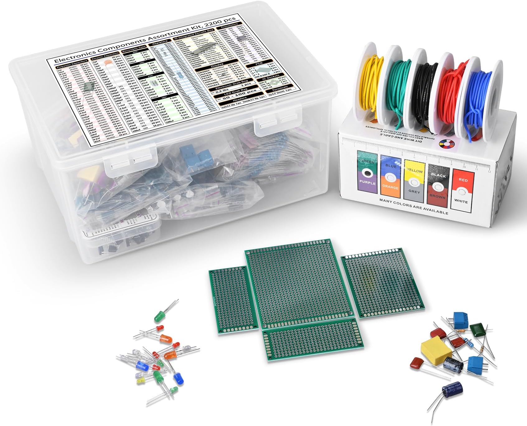 Components Assortment Kit, Grab Bag, IC, Opamp,Resistors, Polyester Capacitors, LED, PCB, Diodes, Transistors, 2200 pcs