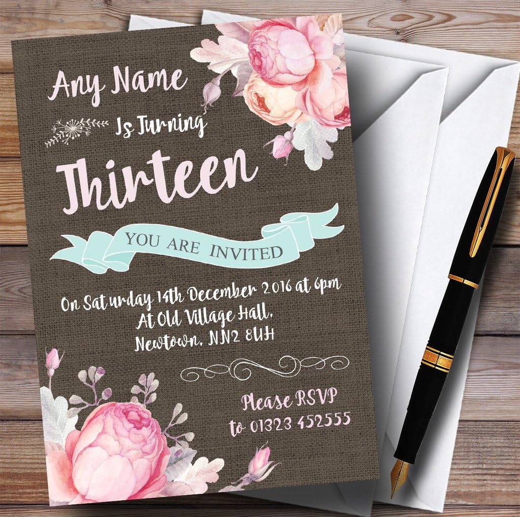 Vintage Burlap Style Floral 13th Personalized Birthday Party Invitations
