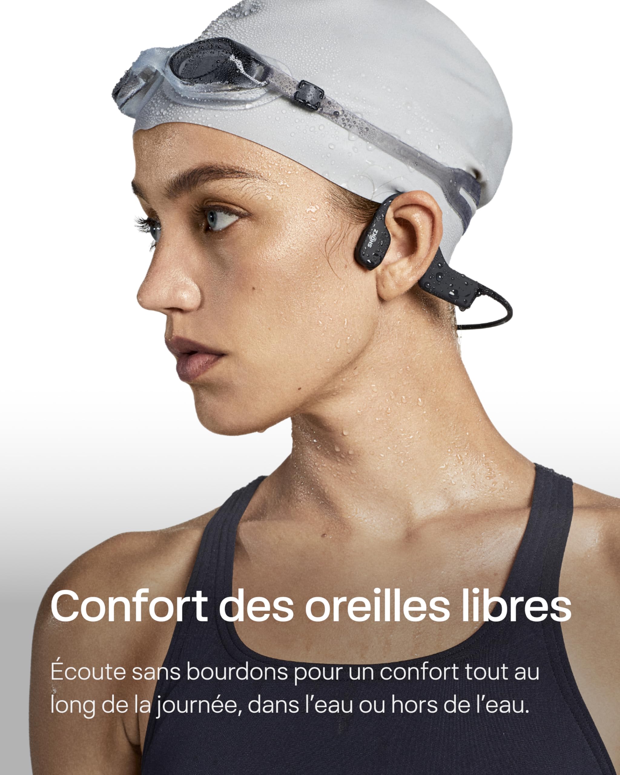 SHOKZ OpenSwim Casque à Conduction osseuse, Lecteur MP3 de Natation étanche IP68, écouteurs de Sport Oreilles Libres avec 4 GB de mémoire, 8H d'autonomie, Bouchons d'oreilles (sans Bluetooth), Noir