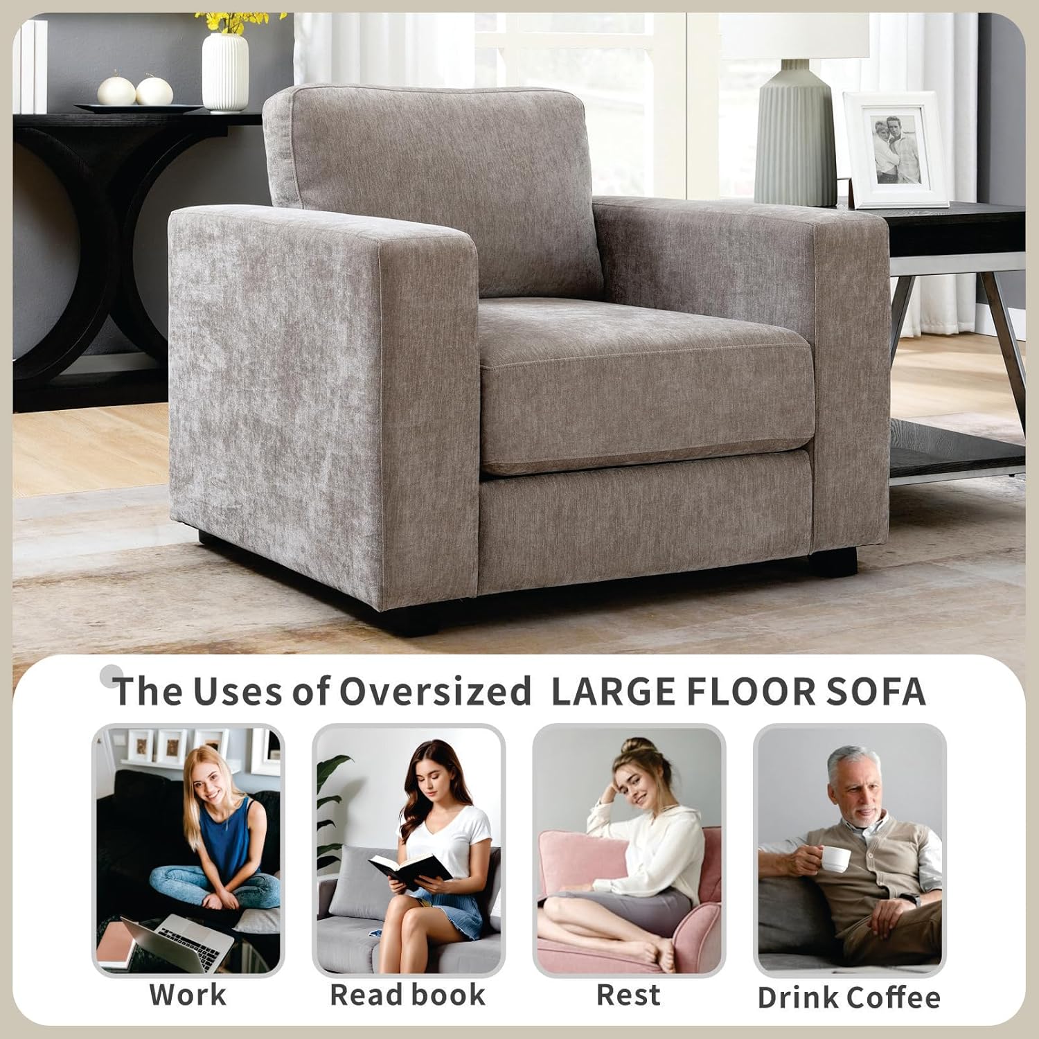 39" Oversized Accent Chair, Chenille Fabric Upholstered Armchair Comfy with 350lb Weight Capacity & 7-inch Thick Seat – The Perfect Reading Chair for Living Room, Bedroom, Office (Brown)