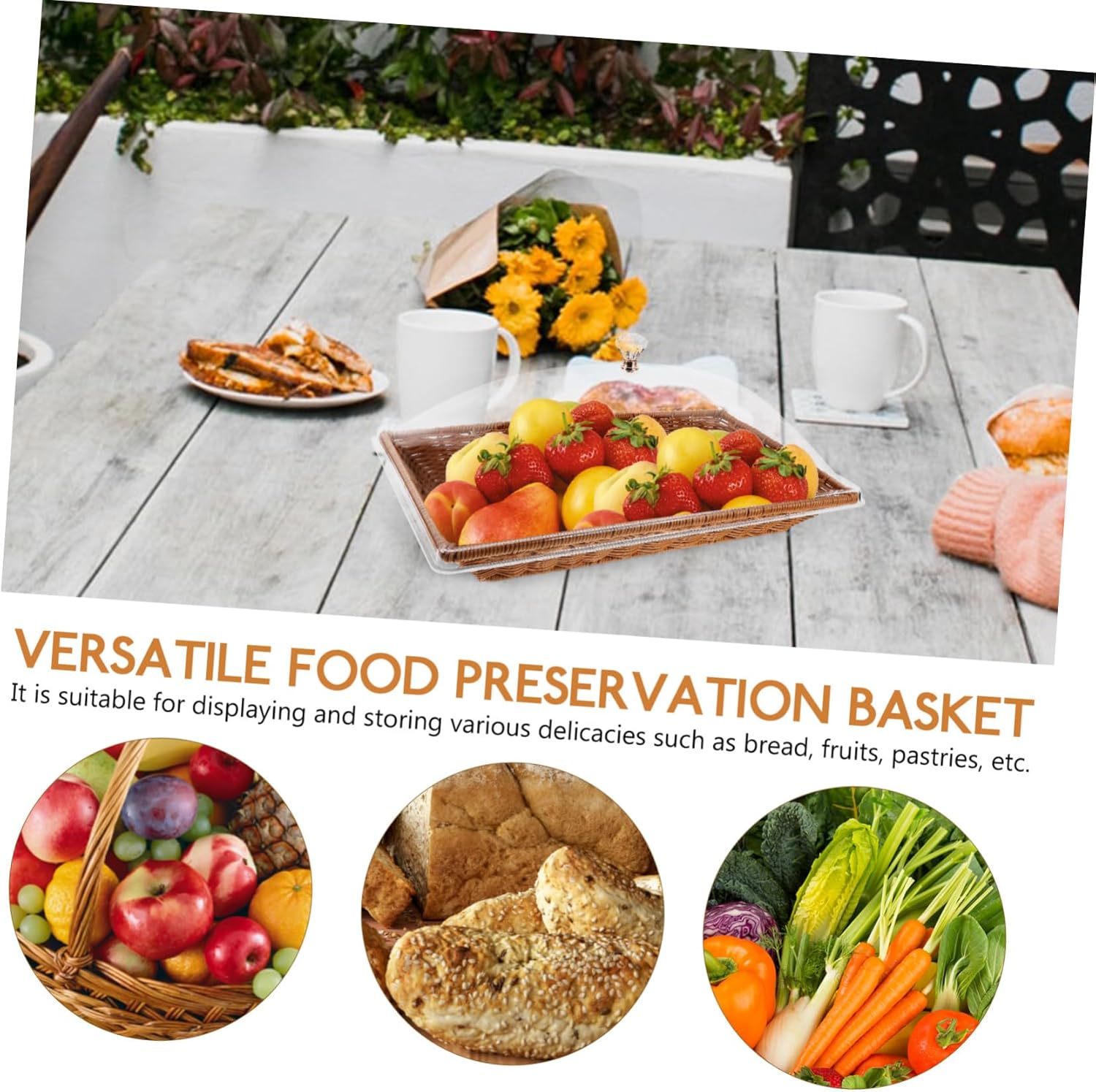 Food Preservation Basket Woven Table Tray Bread Baskets Lid Fruit Kitchen Storage Food Serving Snack Organizer