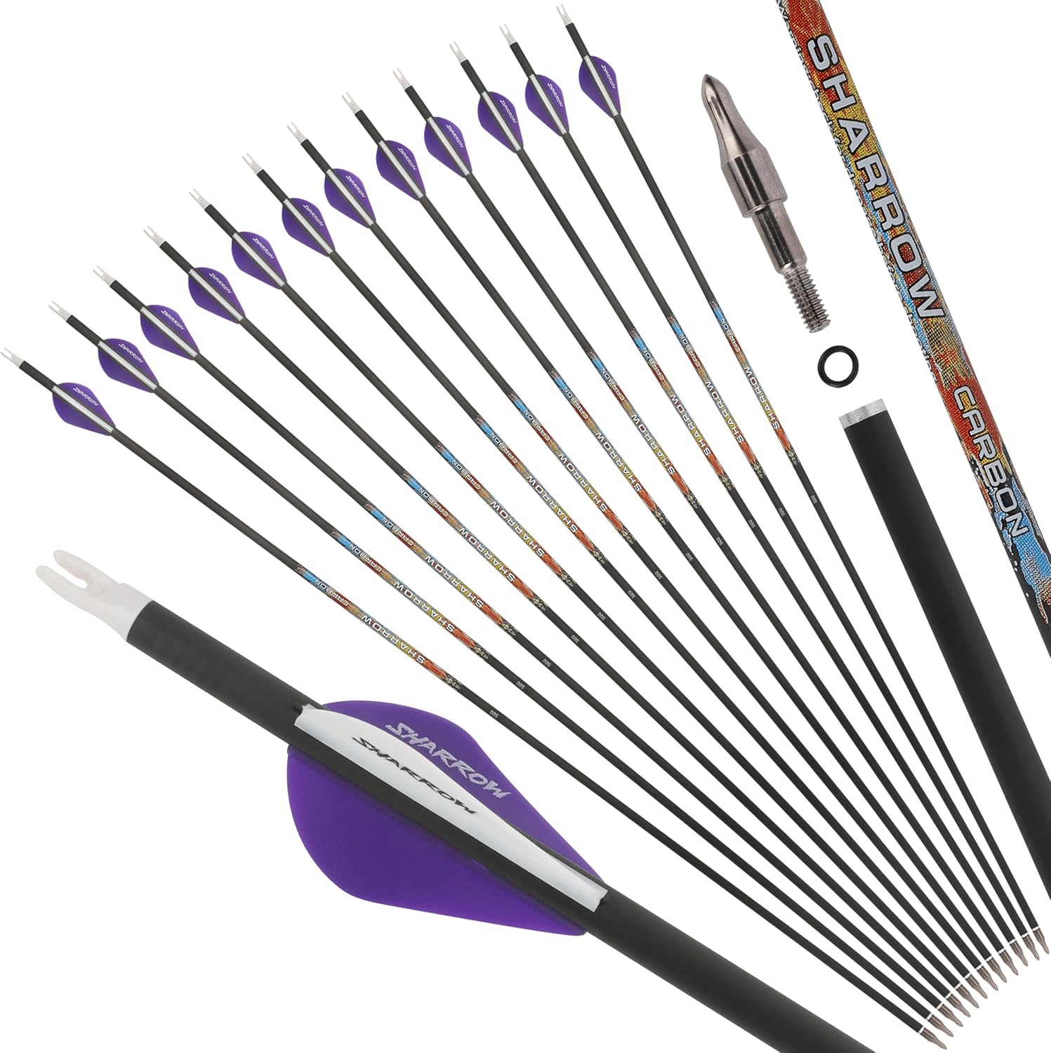SHARROW 31" Carbon Arrows Hunting Arrows Spine 250 300 350 400 500 600 with Replaceable Points Targeting Practice Arrows for Compound/Recurve/Long Bow 6/12pcs (12, Purple & White, Spine 400)