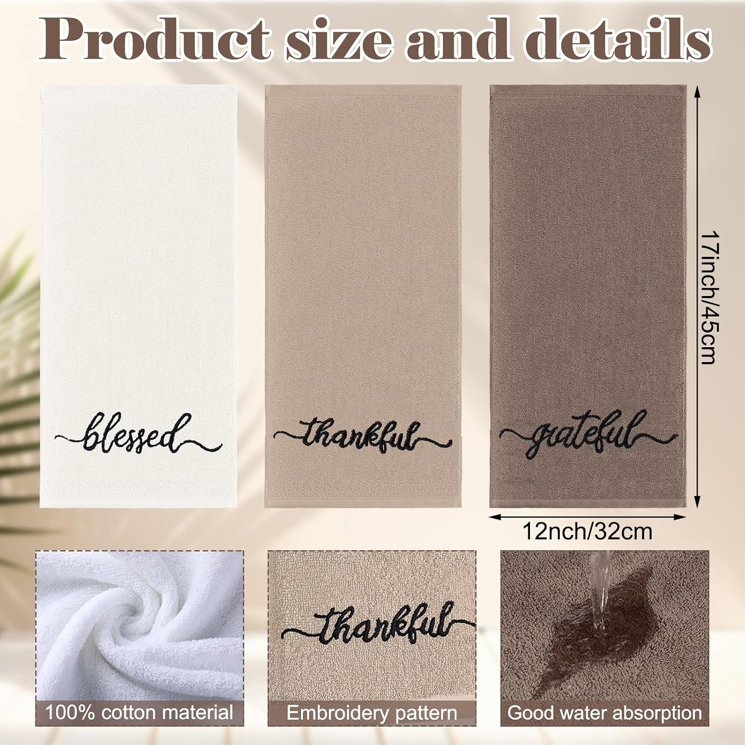 SmoothNovelty 3 Pcs Brown and White Fingertip Towels 100% Cotton Fall Farmhouse Bathroom Hand Towels 12 x 18 in Decorative Embroidery Blessed Thankful Grateful for Thanksgiving Gift Home Decor
