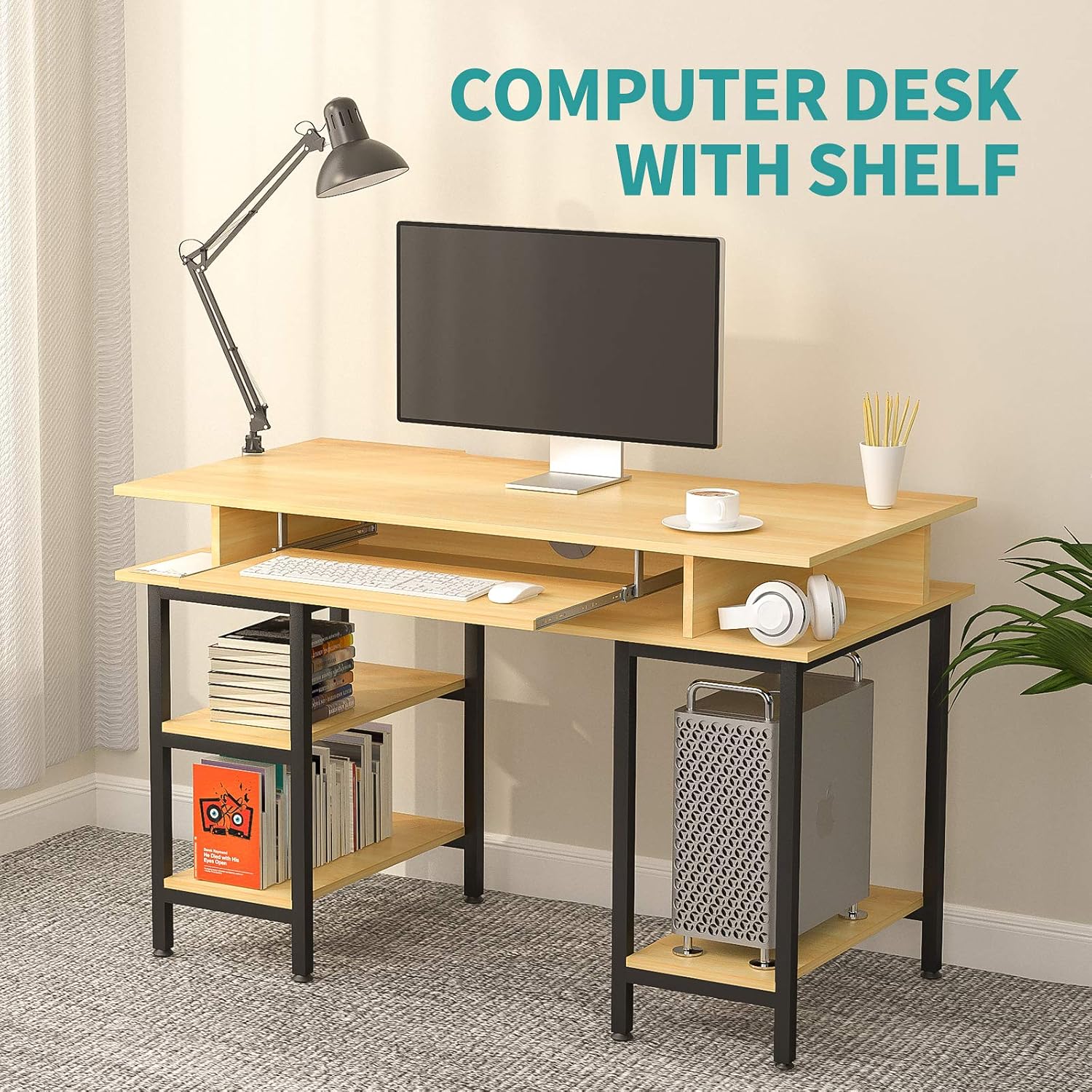 mecor Study Writing Computer Desk 47" with Keyboard Tray/Shelves PC Laptop Table Study Work-Station for Home Office