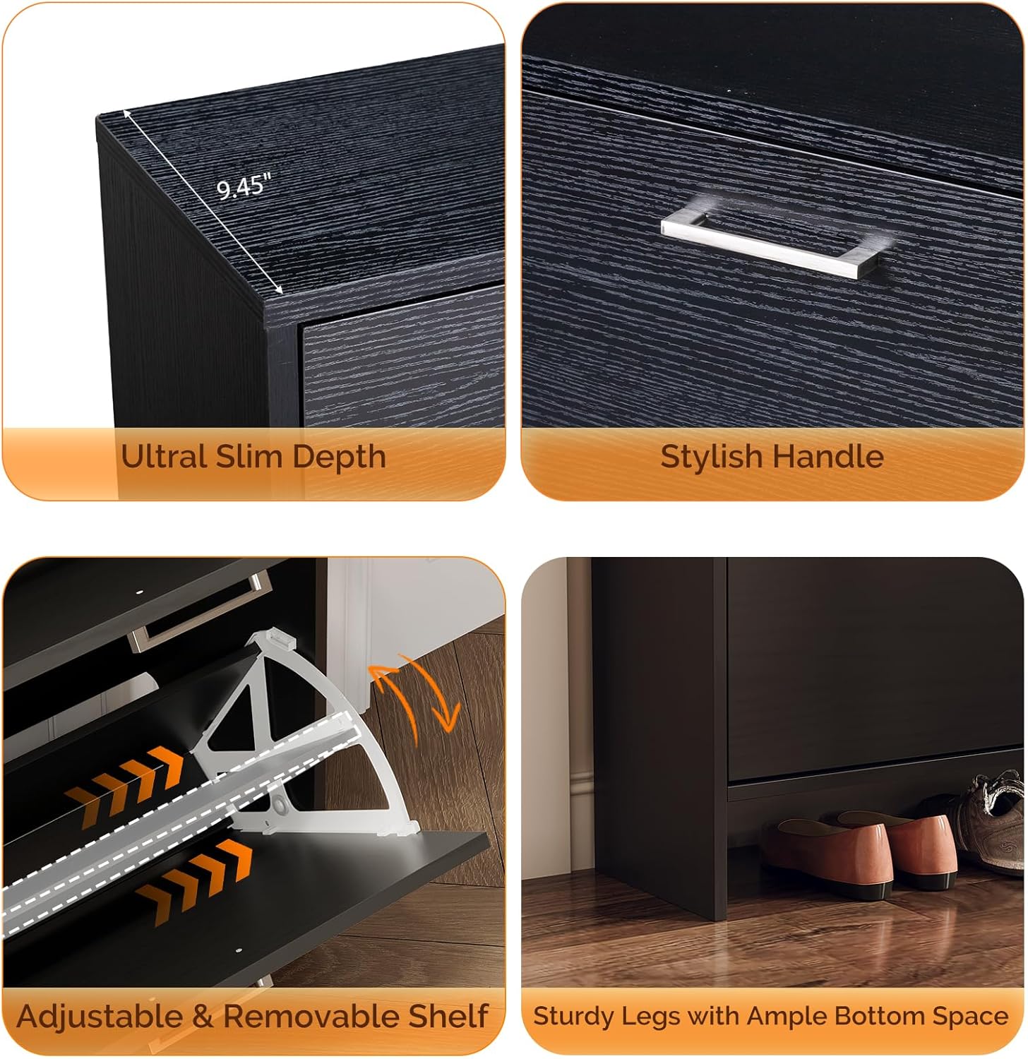VINGLI Black Shoe Cabinet for Entryway, Ultra Slim Shoe Rack Storage with 4 Flip Drawers, Modern Narrow Shoe Organizer for Hallway, Hidden Sneaker Cupboard, 42 Inch Wide