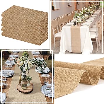 FQTANJU Burlap Table Runner, 12x108 Inch Rustic Jute Table Runner for Wedding & Kitchen, 5-Pack for Thanksgiving Easter Baby Shower Decor