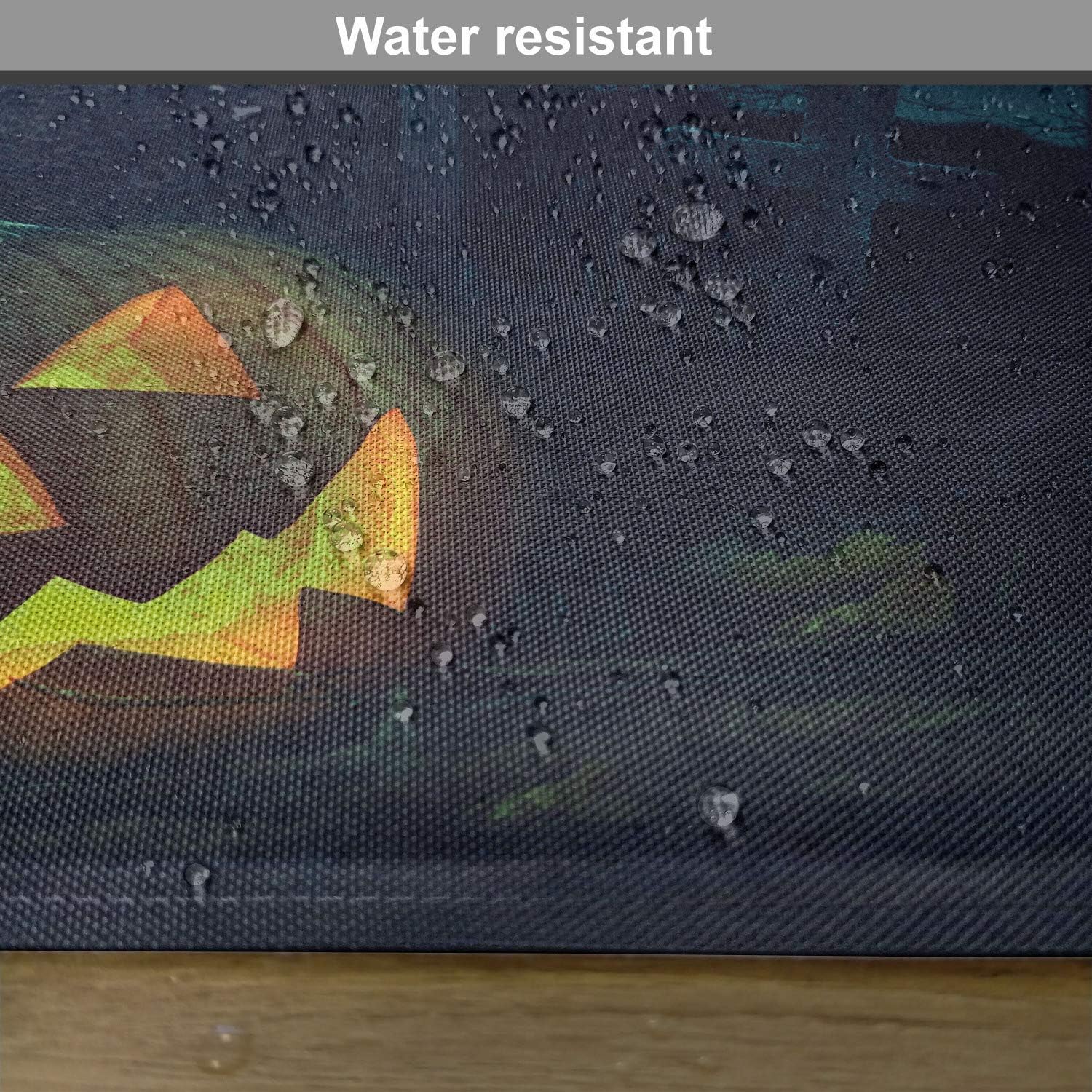 Lunarable Halloween Place Mats Set of 4, Halloween Pumpkin in Spooky Graveyard Eerie Gloomy Stormy Atmosphere, Washable Fabric Placemats for Dining Room Kitchen Table Decor, Petrol Blue Yellow