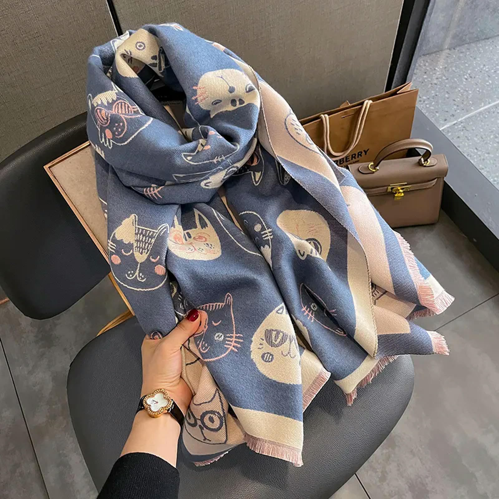 MdybF Szalik damski jesień i zima podróż ciepły sztuczny kaszmirowy szal szalik moda kobiety kot nadruk koc chusty damskie urocze ponczo