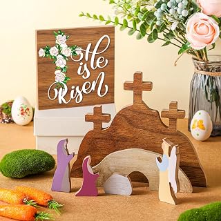 Marsui 7 Pcs Easter Scene Wooden Decorations Empty Tomb Easter Resurrection Scene Set and Cross Centerpiece Religious Christian Decorations Spring Rustic Table Centerpieces