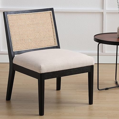 Comfy Accent - Silla de lectura con respaldo tejido de caña, tapizada de lino con patas de madera negras, silla auxiliar pequeña para sala de estar,