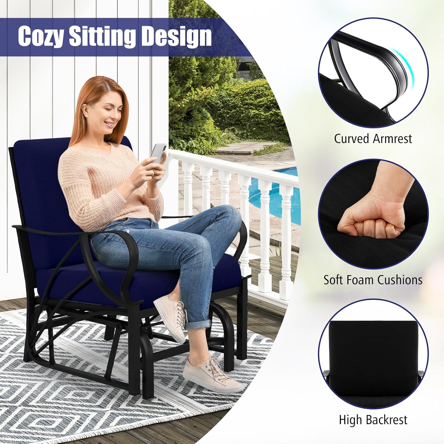 Person relaxing in the glider chair, highlighting the cozy sitting design with curved armrests, soft foam cushions, and high backrest.