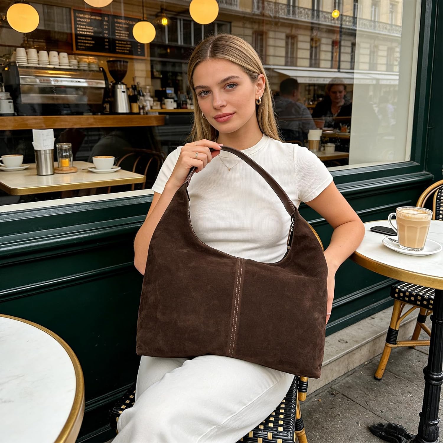 KJMYYXGS Faux Suede Tote Bag for Women, Large Slouchy Suede Hobo Shoulder Bag, Soft Crescent Purse for Work Travel College - Image 2