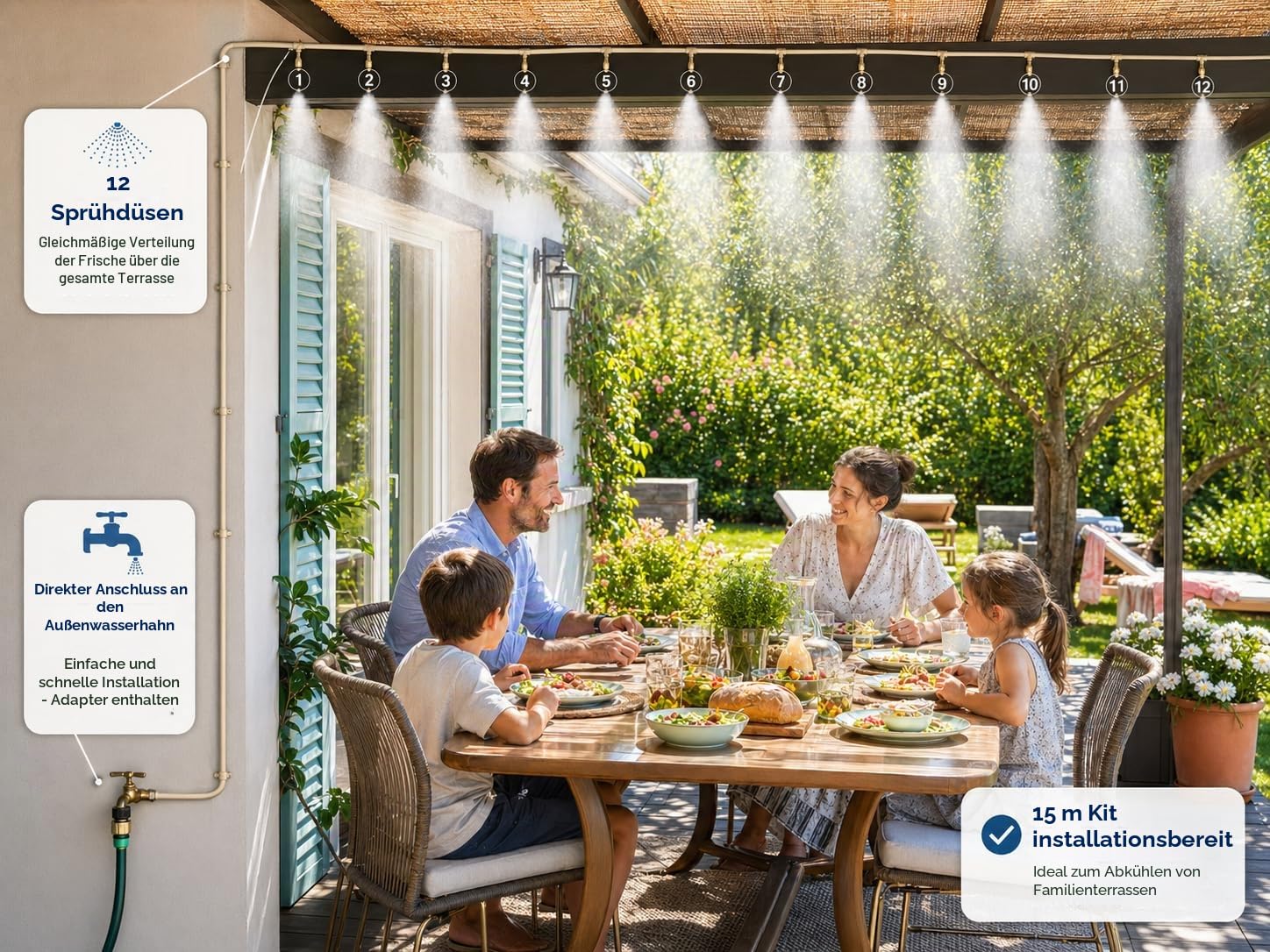 O'FRESH Sprühnebel terrasse - Set mit 15m - Schlauch und 12 Nebeldüsen | Verdunstungskühlung-Bewässerungsystem | Wasser-Zerstäuber und Bewässerungs - Sprühnebel-Kühlung für Terrasse, Garten - Beige