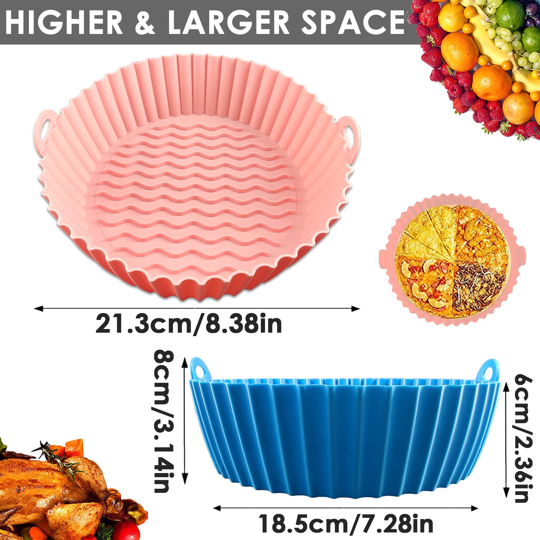 LOMSIOY 2 Pack Air Fryer Silicone Pot Reusable Round Air Fryer Oven Accessories with Handle Silicone Liner Tray Kitchen Accessories 8.4 Inch (Pink Blue)