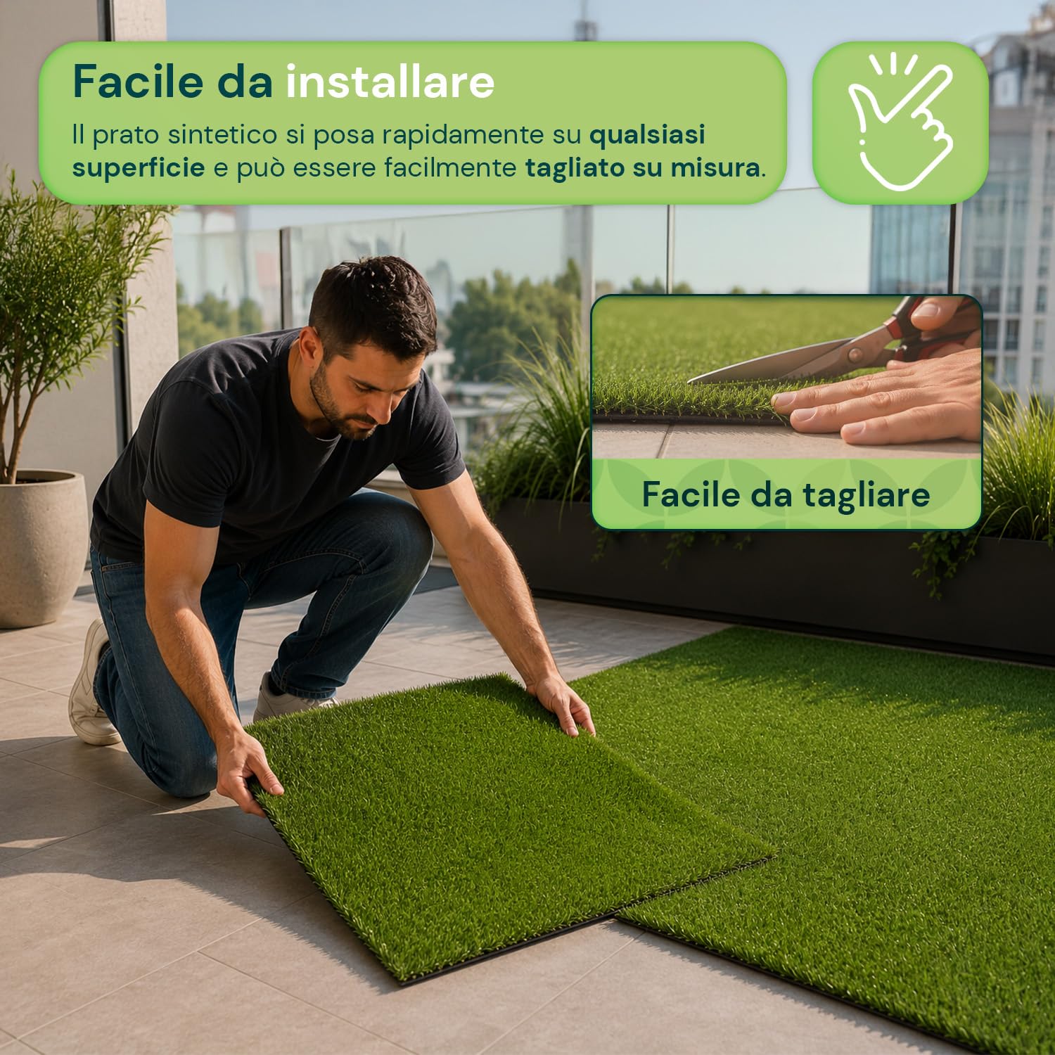 Prato Sintetico 1x3 m Effetto Erba Naturale - Tappeto Erba Artificiale Drenante per Giardino, Balcone e Terrazzo, Manto Erboso Calpestabile Resistente UV, Alta Densità e Morbido (1x3m)