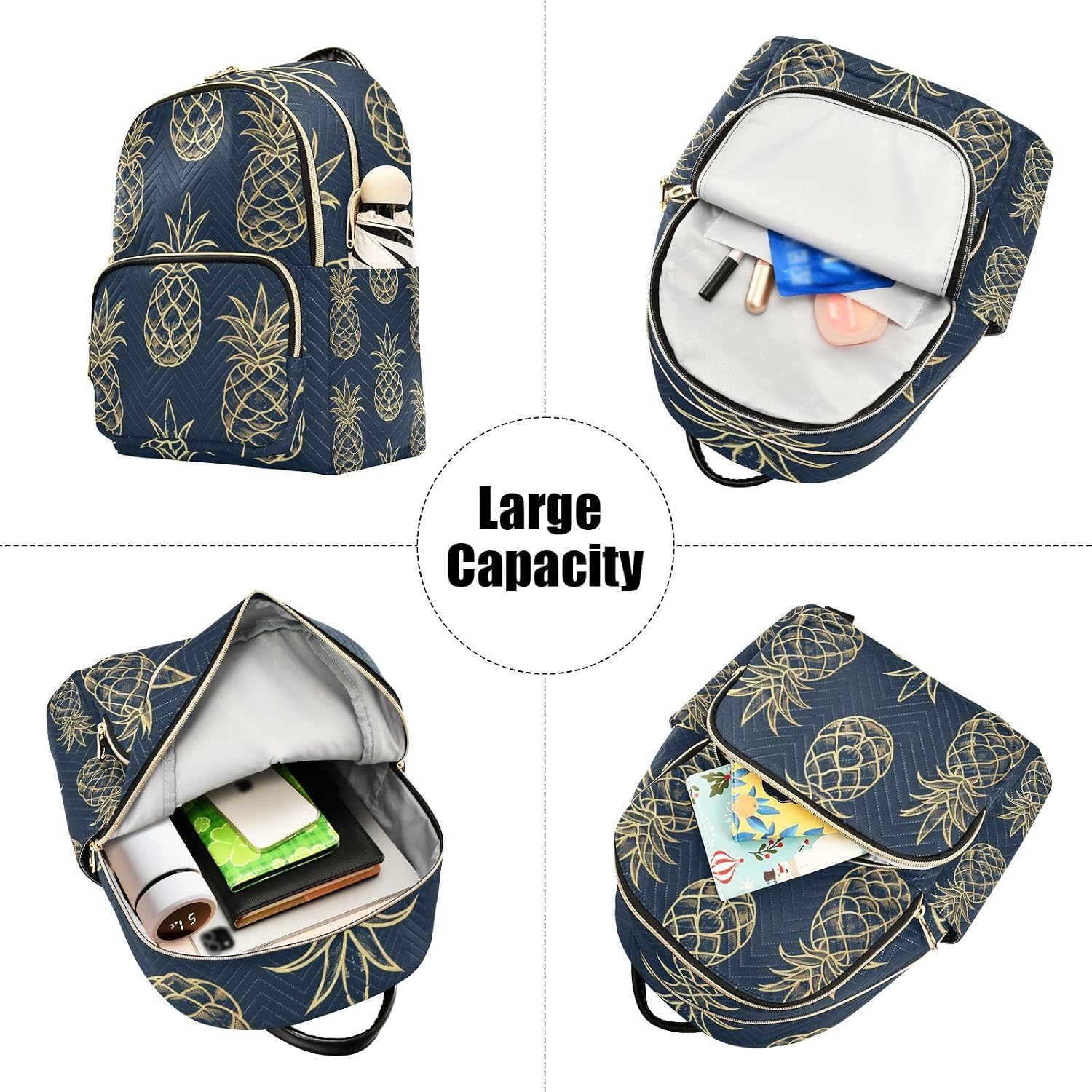 ALAZA Gold Pineapple on Blue Small Backpack Purse for Women Travel Bag Lightweight Shoulder Bag Fashion Daypack