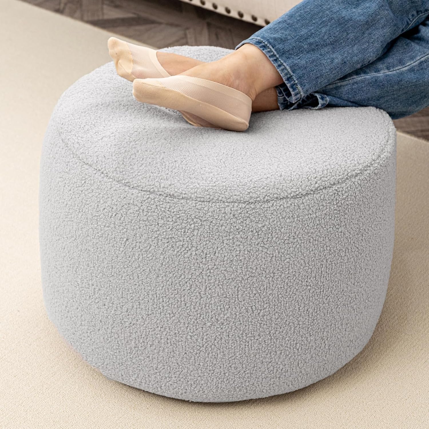 round pouf ottoman 20 x 20 x 14 inches boho poof home decor floor pouffe ottoman foot rest for couch sofa bean bag chairs living room bedroom quiet grey