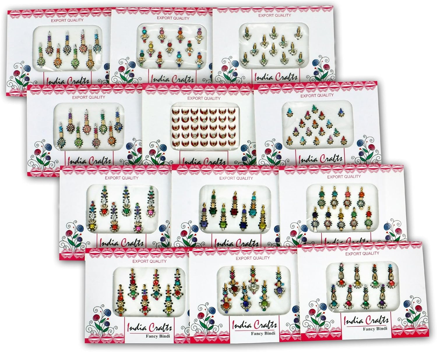 India Crafts ™ 12 Packs- Multicolored long/round Bindis Forehead Tika Face Jewels, Multicolour, 12 Count (Pack of 1) - Image 3
