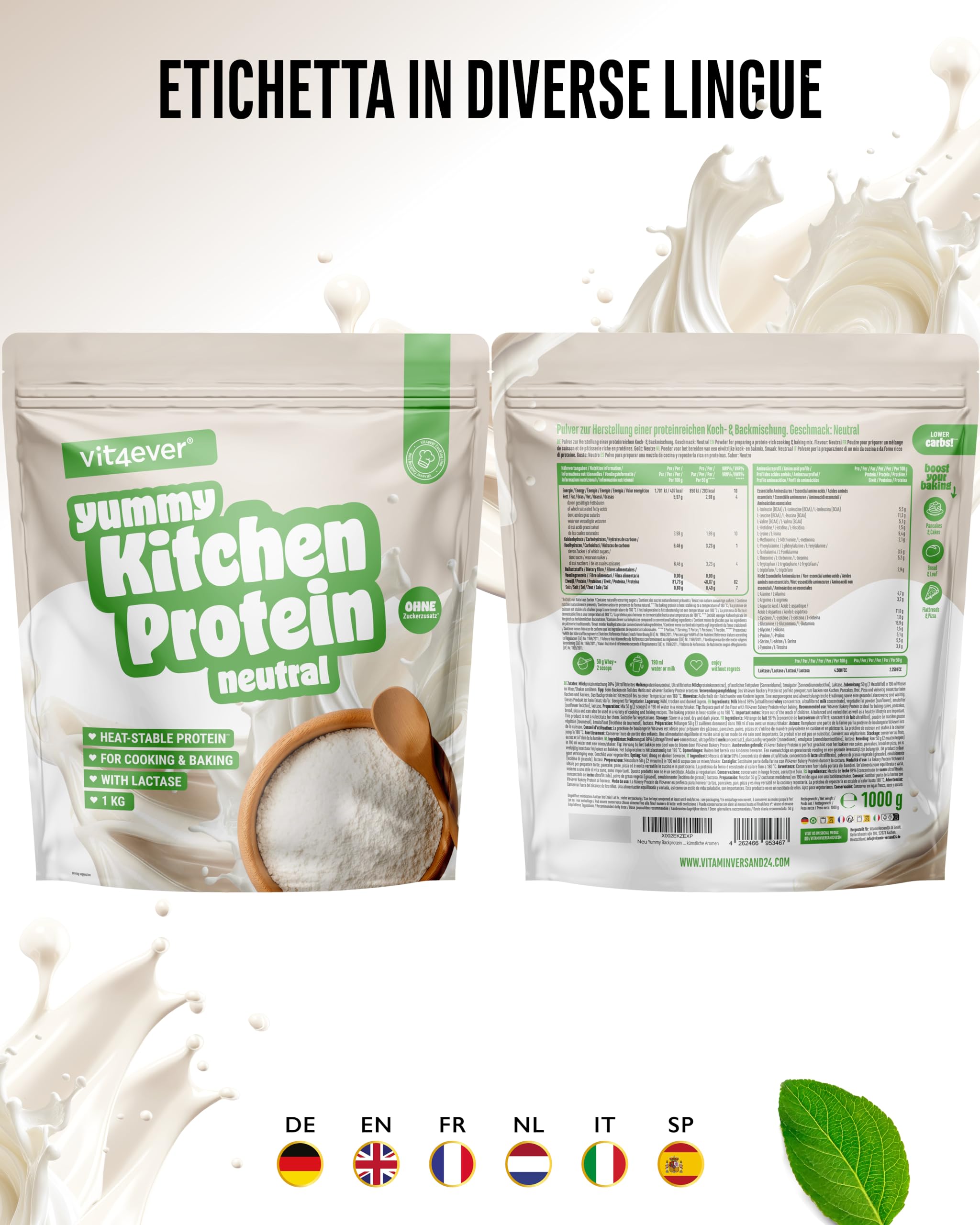 vit4ever Yummy Kitchen - 82% Proteine - 1000 g di Polvere - Neutro | Proteine per Cucinare e Fare Dolci - Termostabile, con Lattasi, Low Carb, Low Sugar, Senza Glutine e Senza Aromi Artificiali