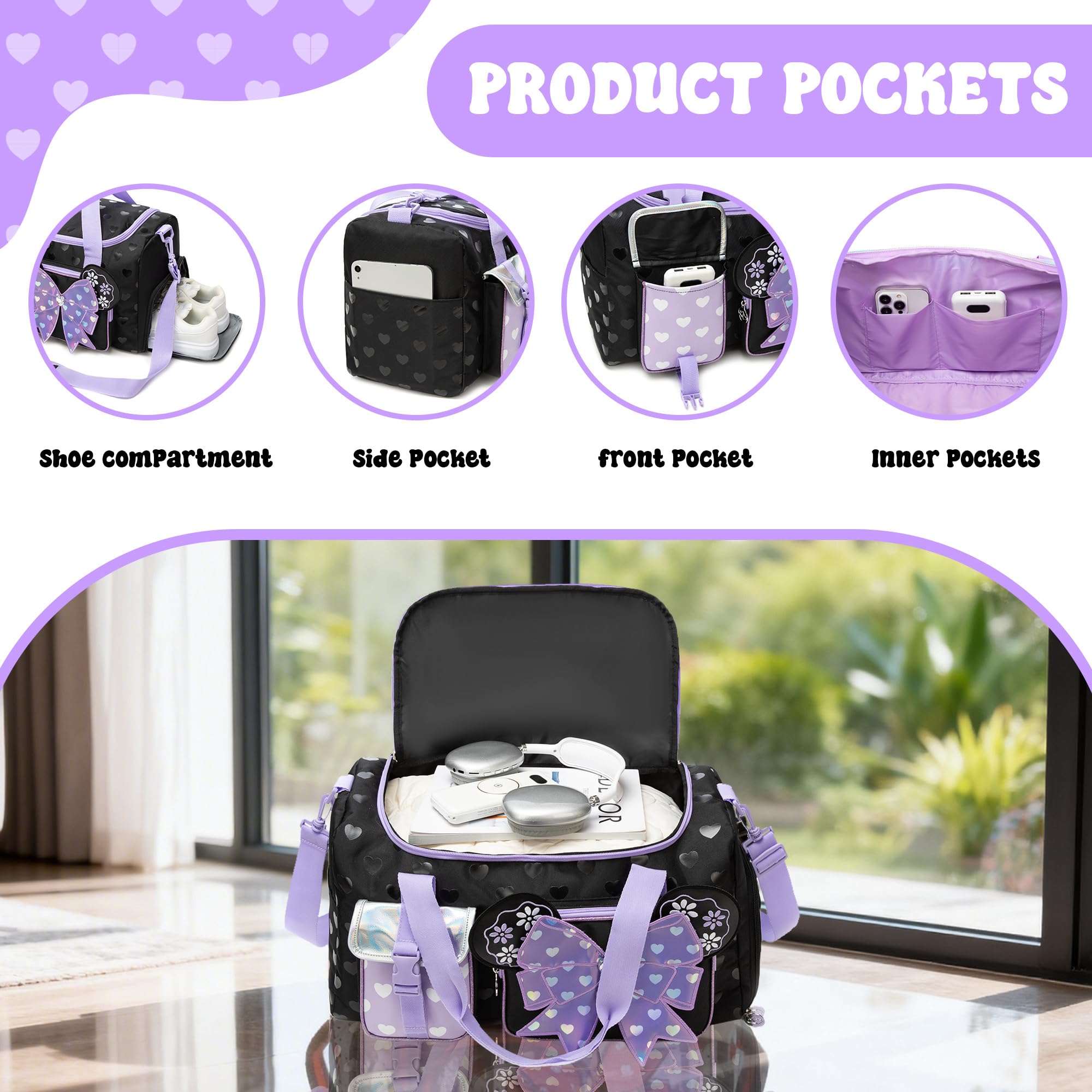 Sac de Danse & Sport Fille (Nœud) – Sac de Voyage Enfant avec Compartiment à Chaussures – Grand Sac Week-End pour Piscine & Soirée Pyjama (Violet)