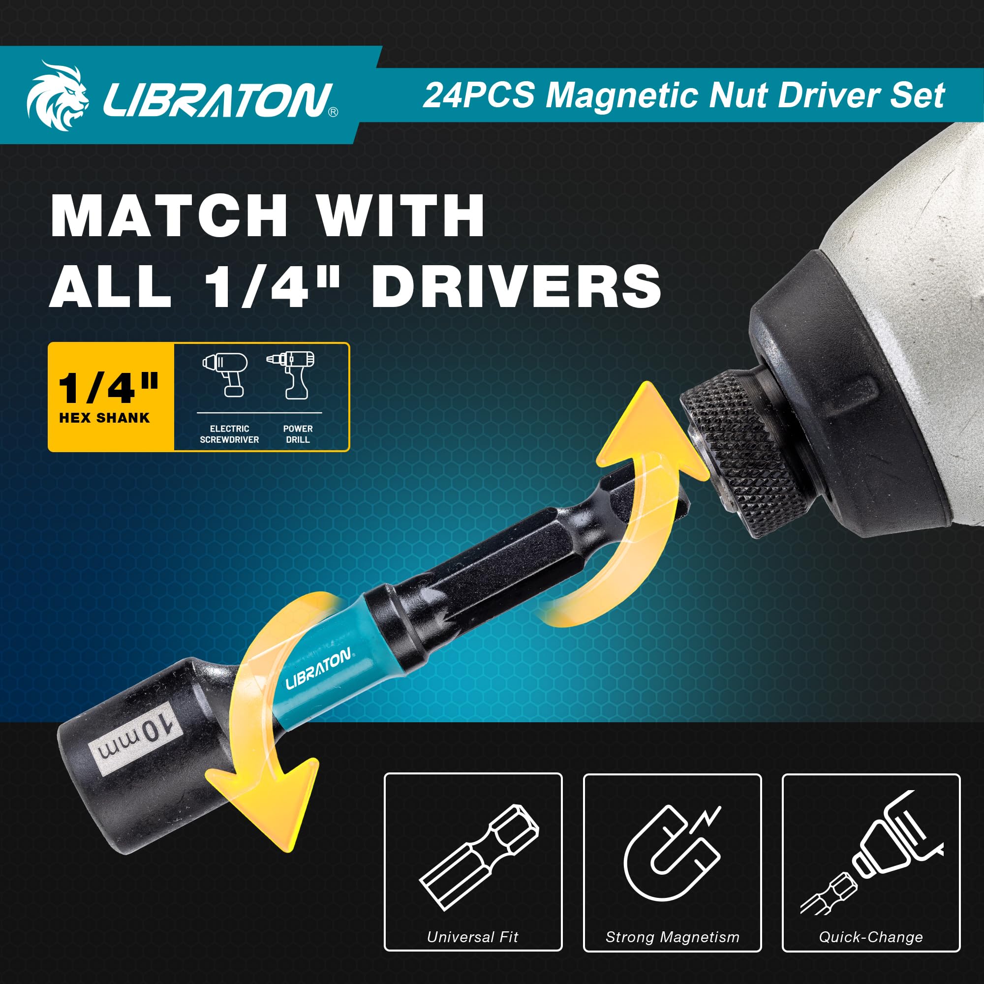 LIBRATON 24PCS Magnetic Nut Driver Set, Impact Drill Driver Bit Set 1/4" - Image 4