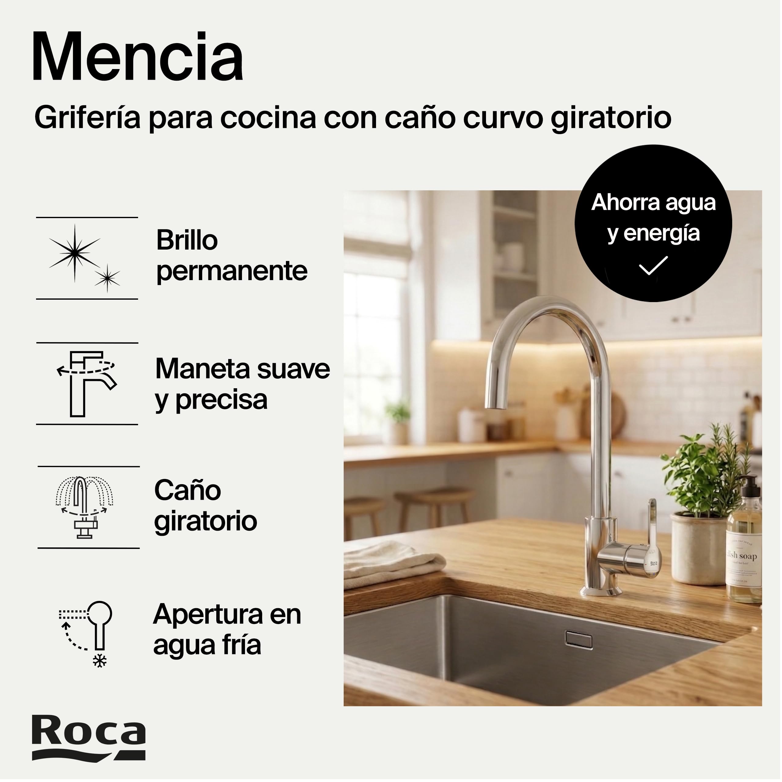 Roca,Mencia,Grifería monomando para cocina con caño giratorio, Cold Start. Cromado,A5A7409C00