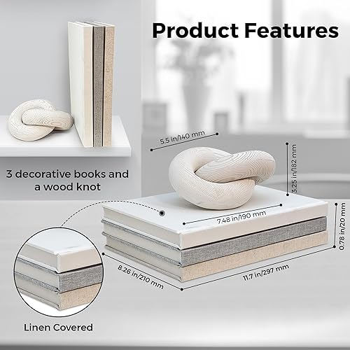 Miniatura 2 de Juego de libros decorativos con una cadena de maderaaccesorio de nudo, juego de libros de lino, juego de 3 libros de lino real para decoración,