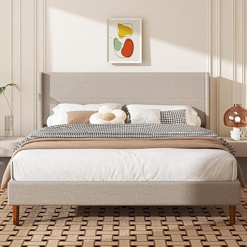 King Size Bed Frame, Linen Upholstered Platform with Wingback Headboard, Wooden Slats Support, No Box Spring Needed, Easy Assembly, Beige