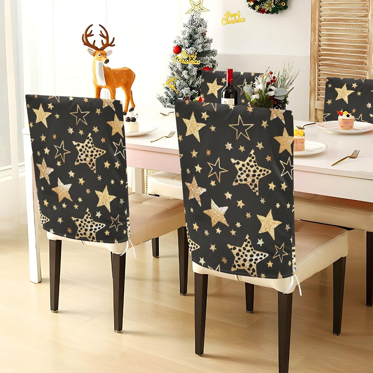 ALAZA Vintage Leopard Spots Stars Chair Back Cover Set of 6, Washable Reusable Removable Chair Slipcovers Decorative Chair Cover for Home Kitchen Wedding Party