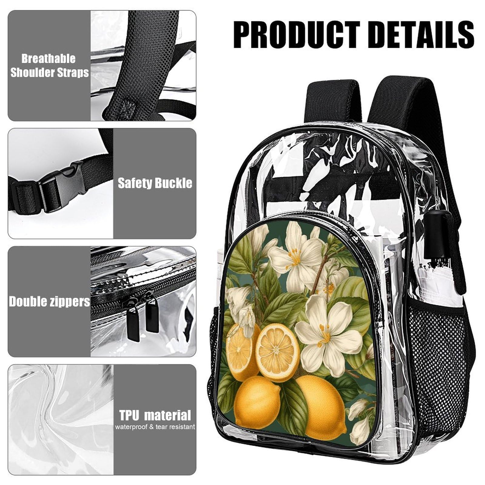 Spring Clip Art Transparenter Rucksack, groß, transparent, PVC, Büchertasche für Sicherheit, Arbeit, Reisen, Stadion