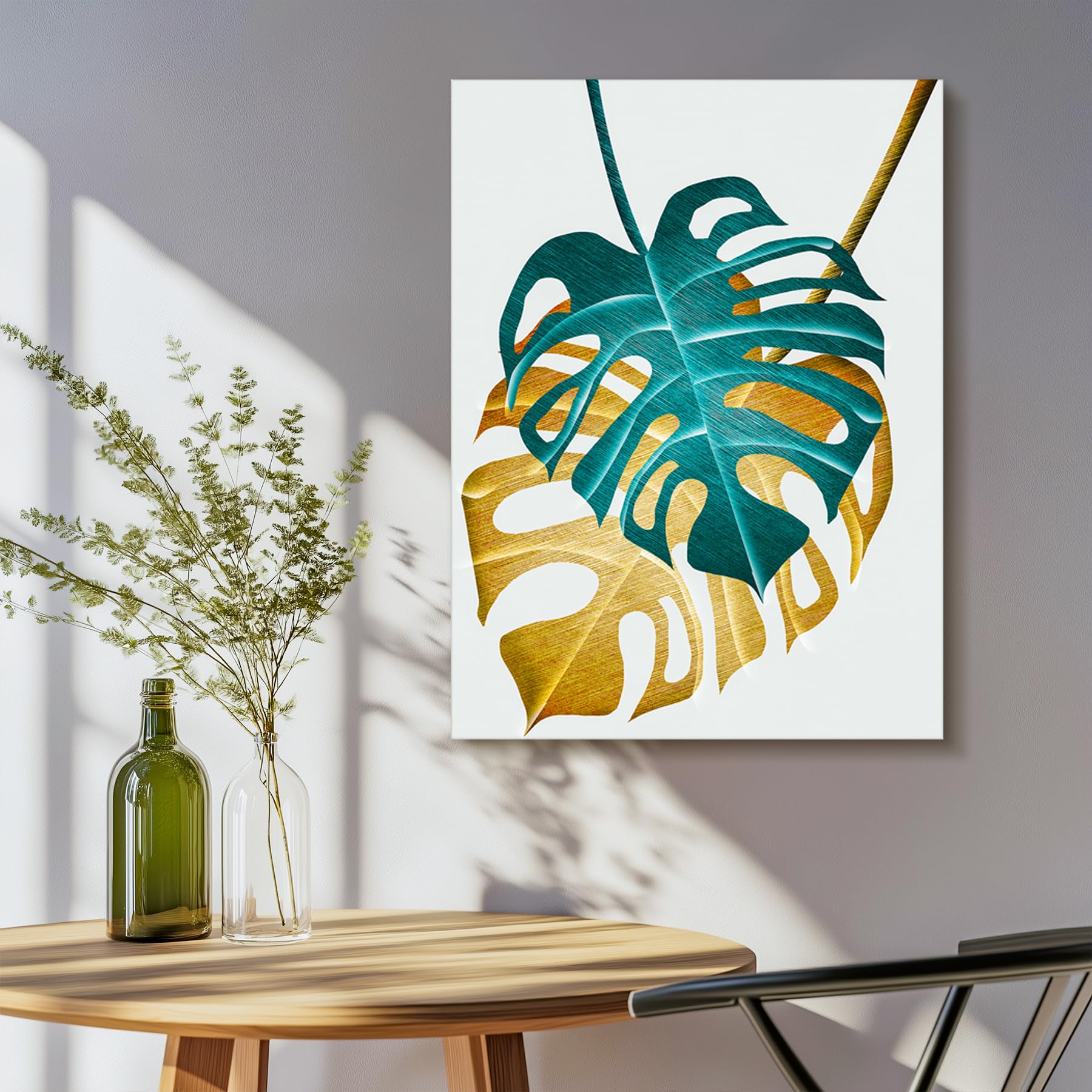MHARTK66 Modern Natur Bilder Wohnzimmer Blumen gold Gemälde 50x70 cm | goldene und grün als motiv, hd-druck auf leinwand, leicht aufzuhängen, rasch montiert, flexibel nutzbar und geschenkidee