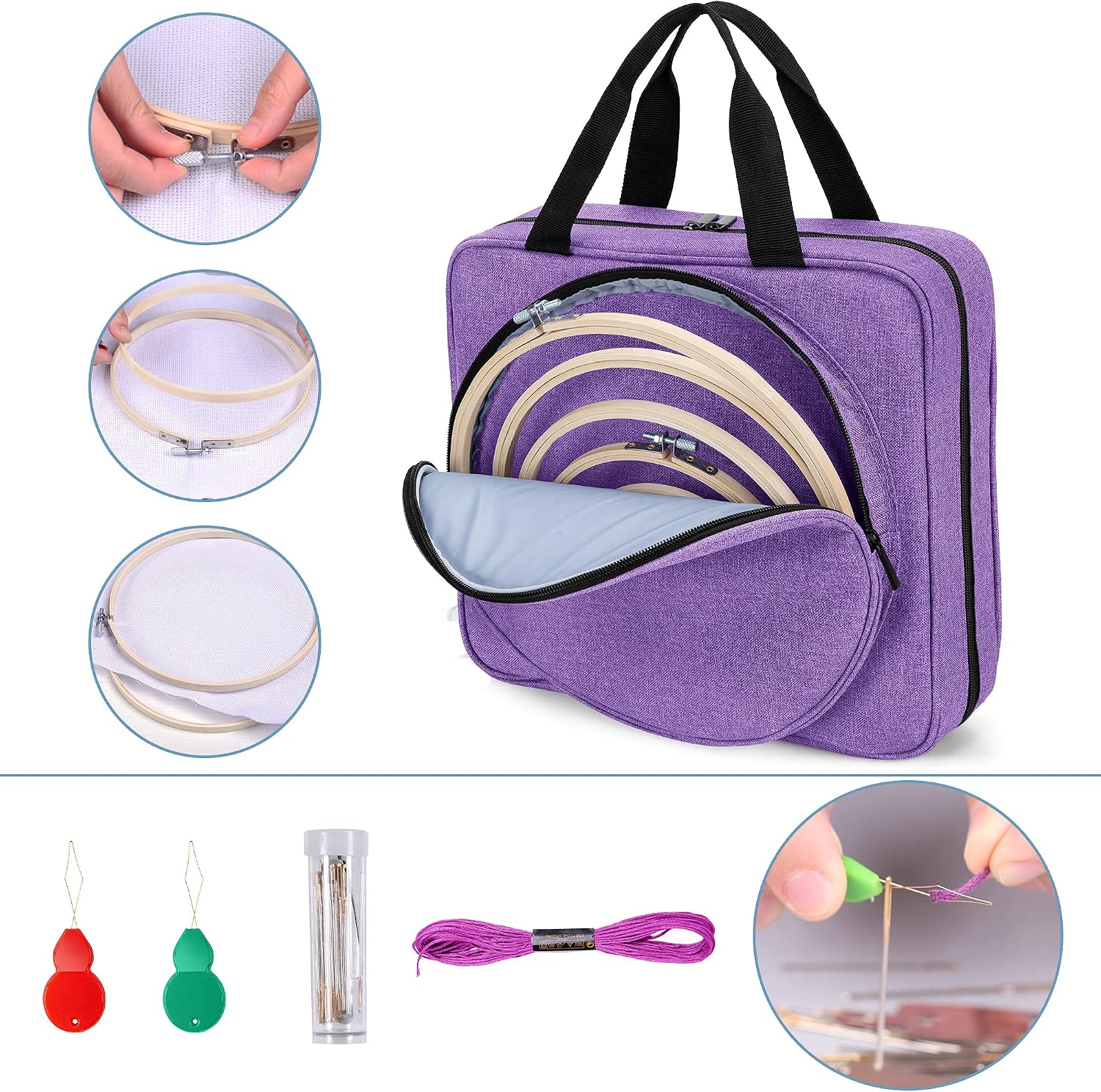 LoDrid Embroidery Kit, Embroidery Project Bag with Embroidery Kit, Portable Craft Carry Case with Starter Kit, Embroidery Supplies Storage Bag and Cross Stitch Kits for Beginner, Adults, Purple