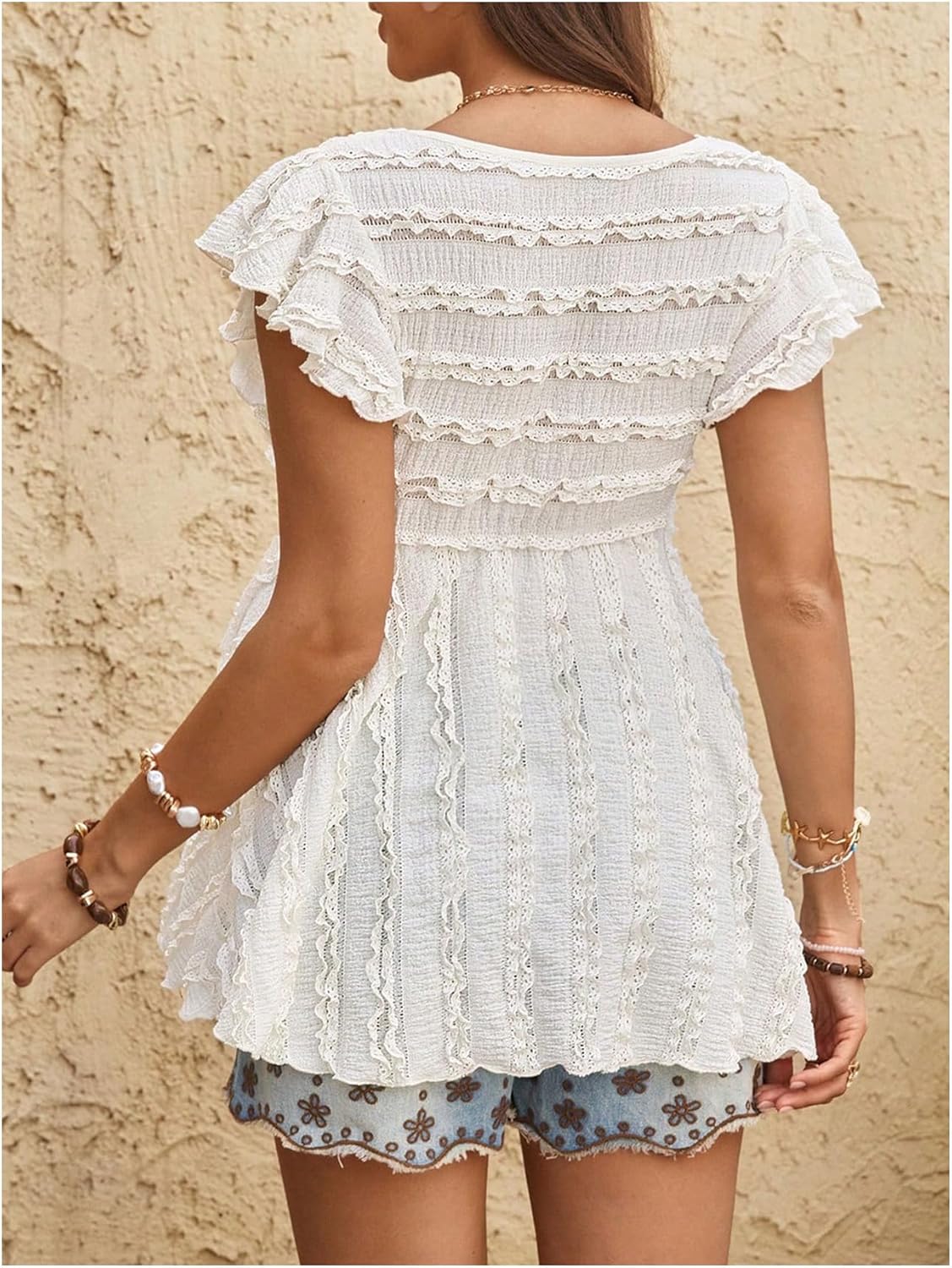 MakeMeChic Women's Maternity Shirts Summer Sweetheart Neckline Flutter Sleeve Ruffle Pregnancy Peplum Tops