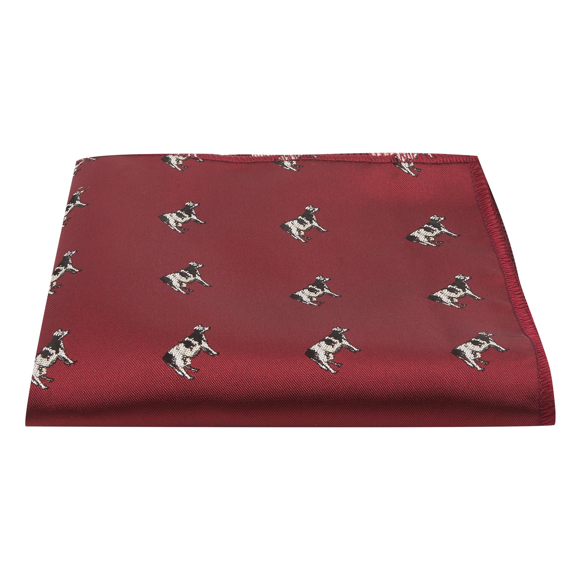 King & Priory Burgundy Red Embroidered Cow Pocket Square, Handkerchief