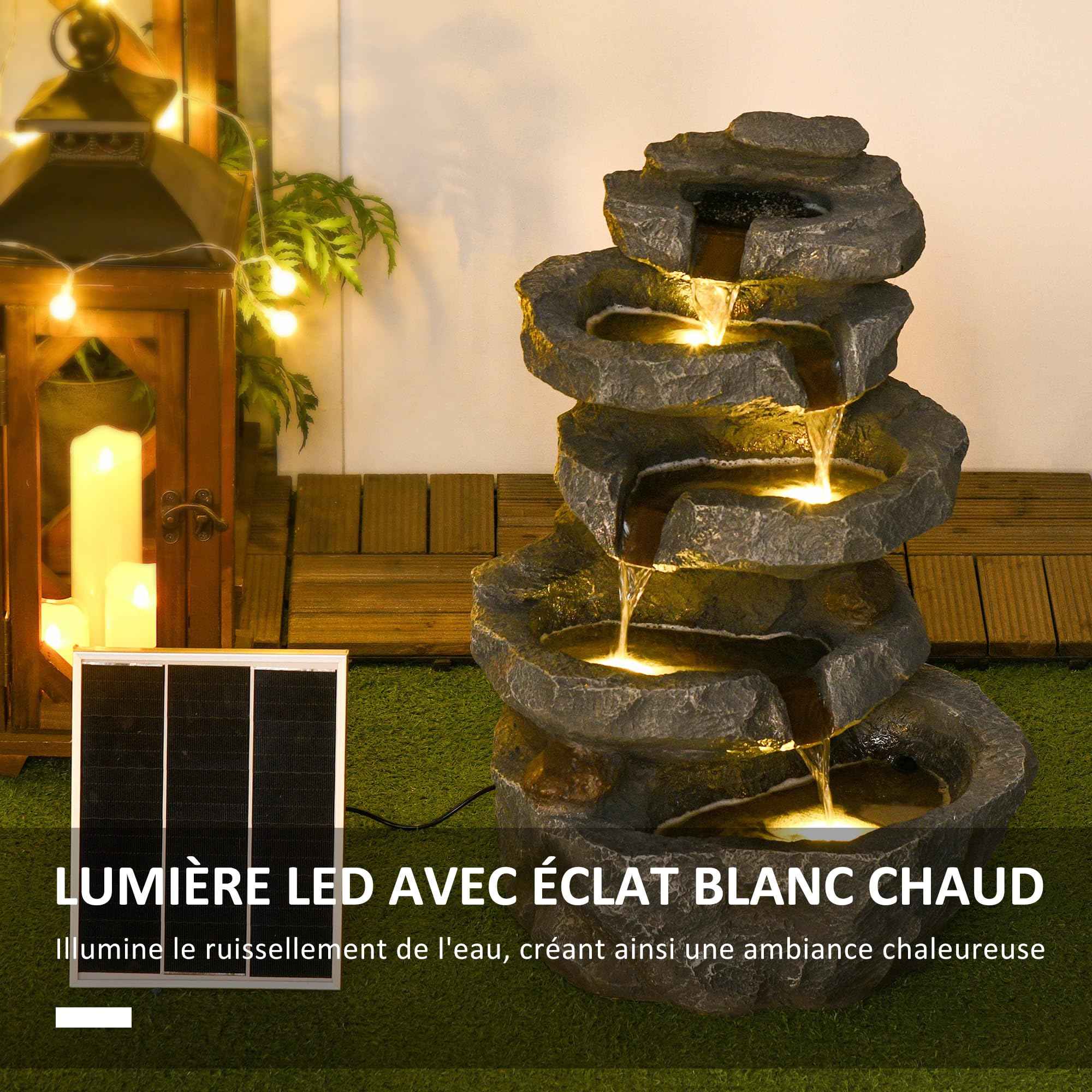 Outsunny Fontaine de Jardin à énergie Solaire Roche en Cascade à 5 Niveaux en résine avec lumières LED et Pompe dim. 38L x 31l x 55H cm Gris