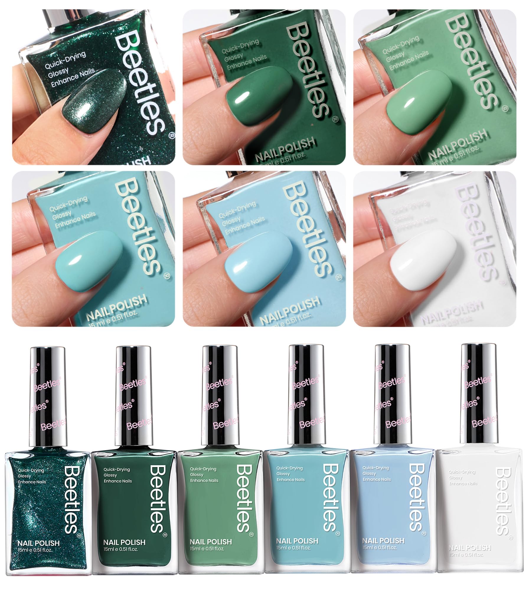 Beetles Green Nail Polish Set P181, 6 Colors Blue White Nail Polish Set, Green Collection Quick Dry Long Lasting Nail Polish Manicure Patricks Day DIY Nail Art Salon Home Gift For Women
