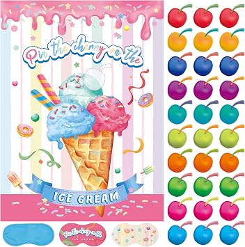 Pin The Cherry on The Ice Cream Game 21 x 28 Large Ice Cream Party Games Poster with 30 Pcs Cherry Stickers Birthday Party Decorations Supplies for Kids