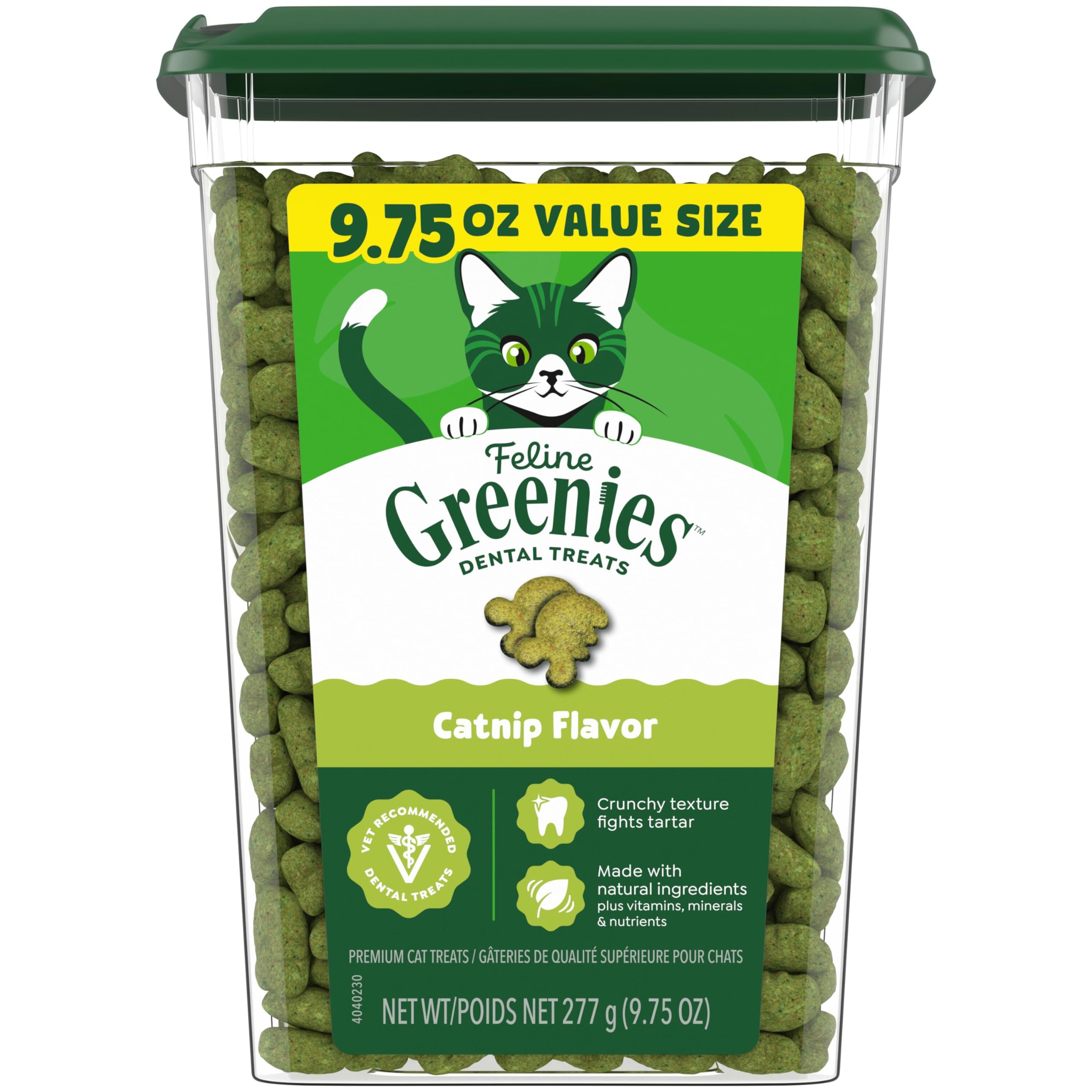 Greenies Cat Treats, Feline Veterinarian-Recommended Adult Natural Dental Treats, Catnip Flavor, 9.75 oz. Tub