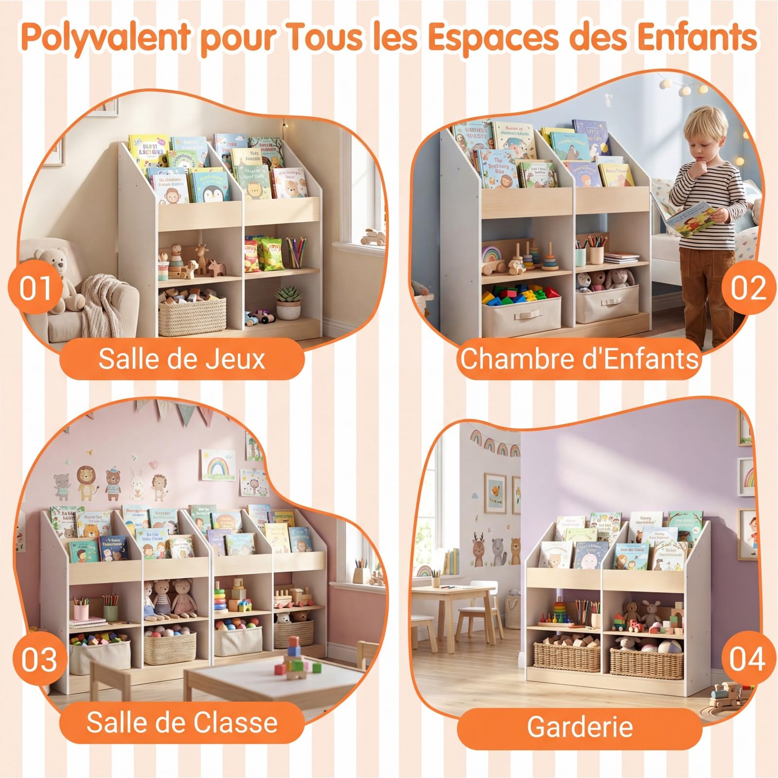 COSTWAY Bibliothèque Enfant en Bois avec 4 Cubes et 4 Compartiments Ouvertes, Étagère à Livres Enfant avec Kit Anti-basculement, Organiseur de Jouets pour Salle de Jeux Crèche
