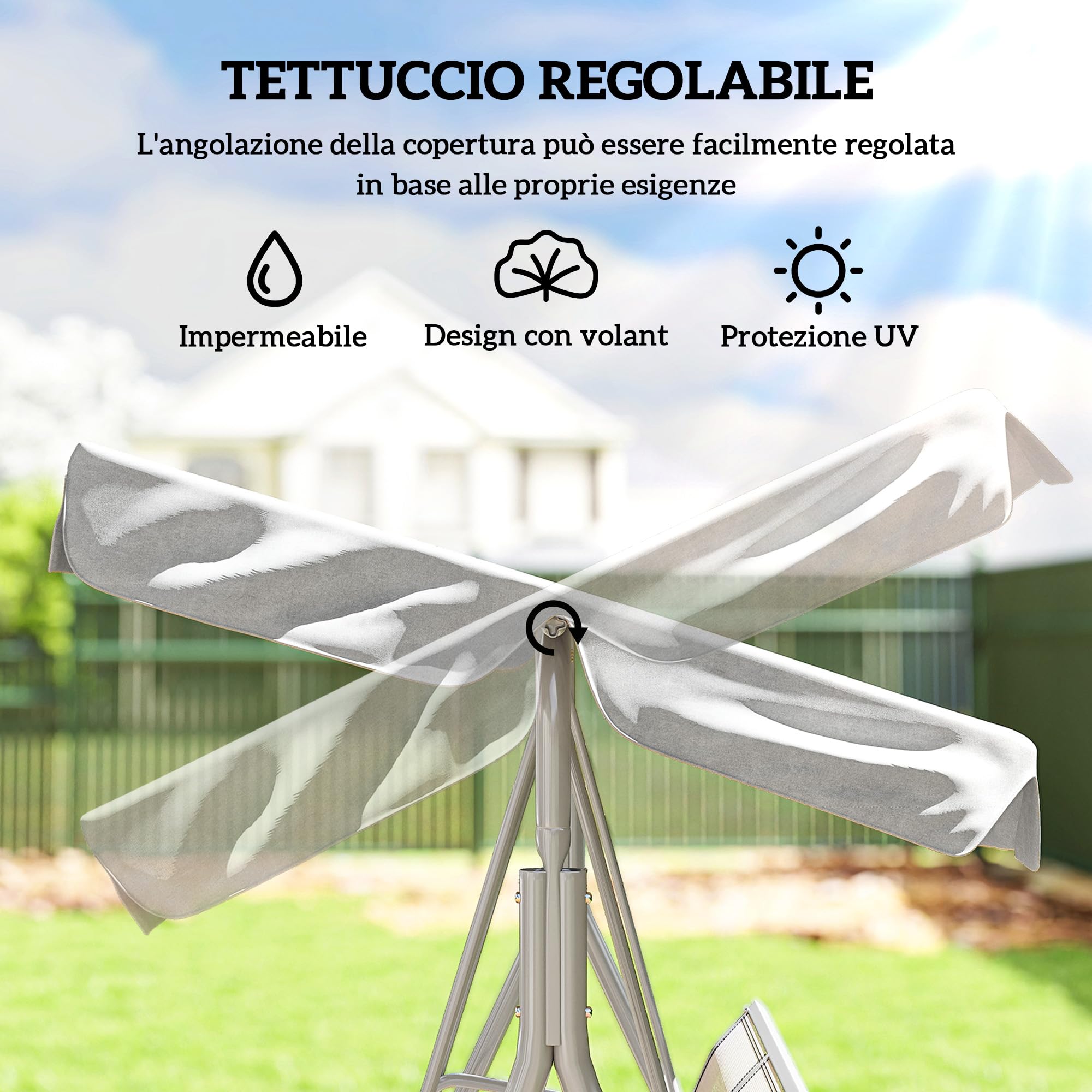 Outsunny Dondolo da Giardino 3 Posti con Tettuccio Parasole Regolabile Rimovibile, Dondolo da Esterno con Seduta Traspirante in Poliestere, Portata 240 kg, 171x108x154 cm, Grigio Chiaro