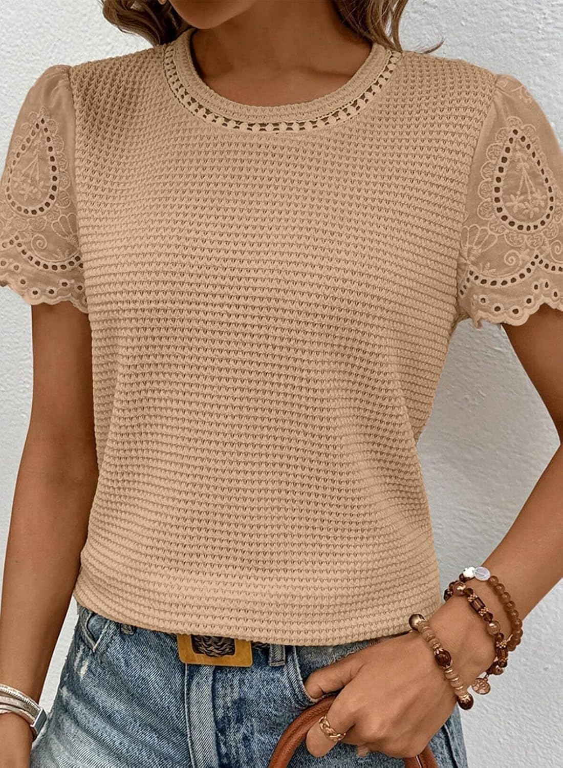 SHEWIN Womens Frenchy Summer Tops Crewneck Short Sleeve T Shirts Casual Waffle Knit Jacquard Blouses Top Shirts - Image 4