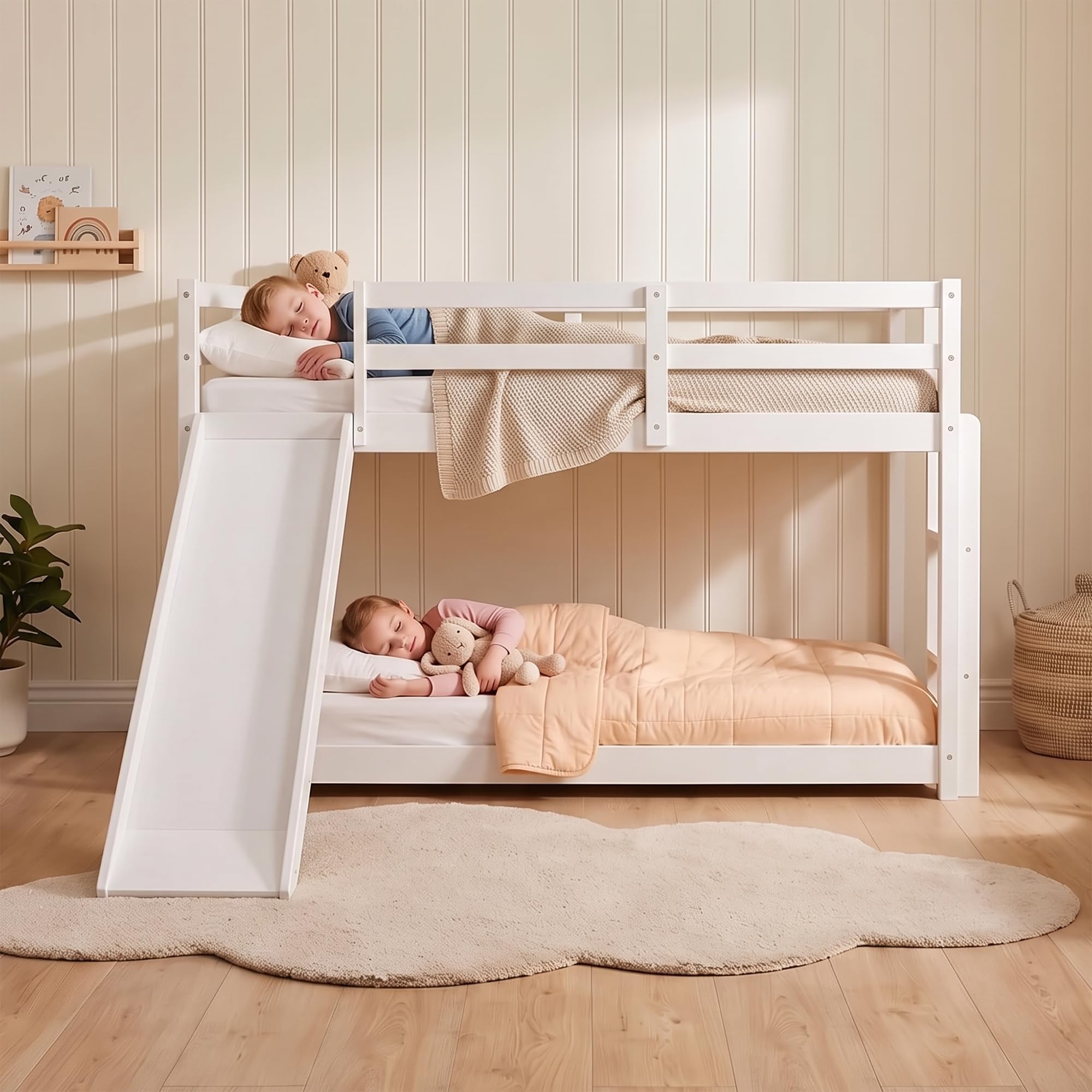 MU Low Bunk Bed with Slide, Twin Over Twin Bunk Bed, Solid Wood Bed Frame with Climbing Ladder & Safety Guard Rail, Floor Loft Bed with Storage Space for Kids Toddler, White