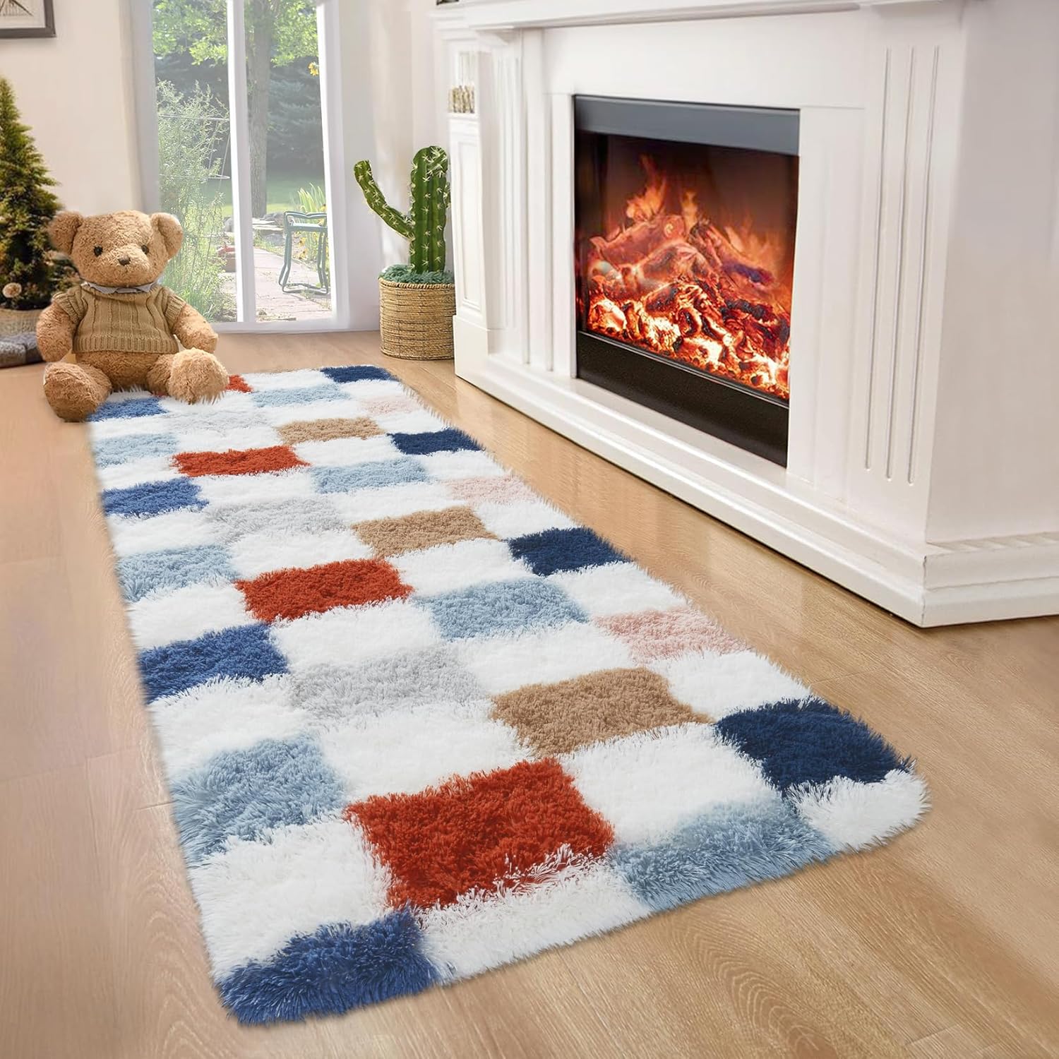 Washable Checkered Runner Rug 2x6 for Bedroom, Modern Rainbow Shag Rug Super Soft Runner Carpet Washable Fluffy Rugs for Living Room Bedside Sofa Home Dorm Decor Aesthetic