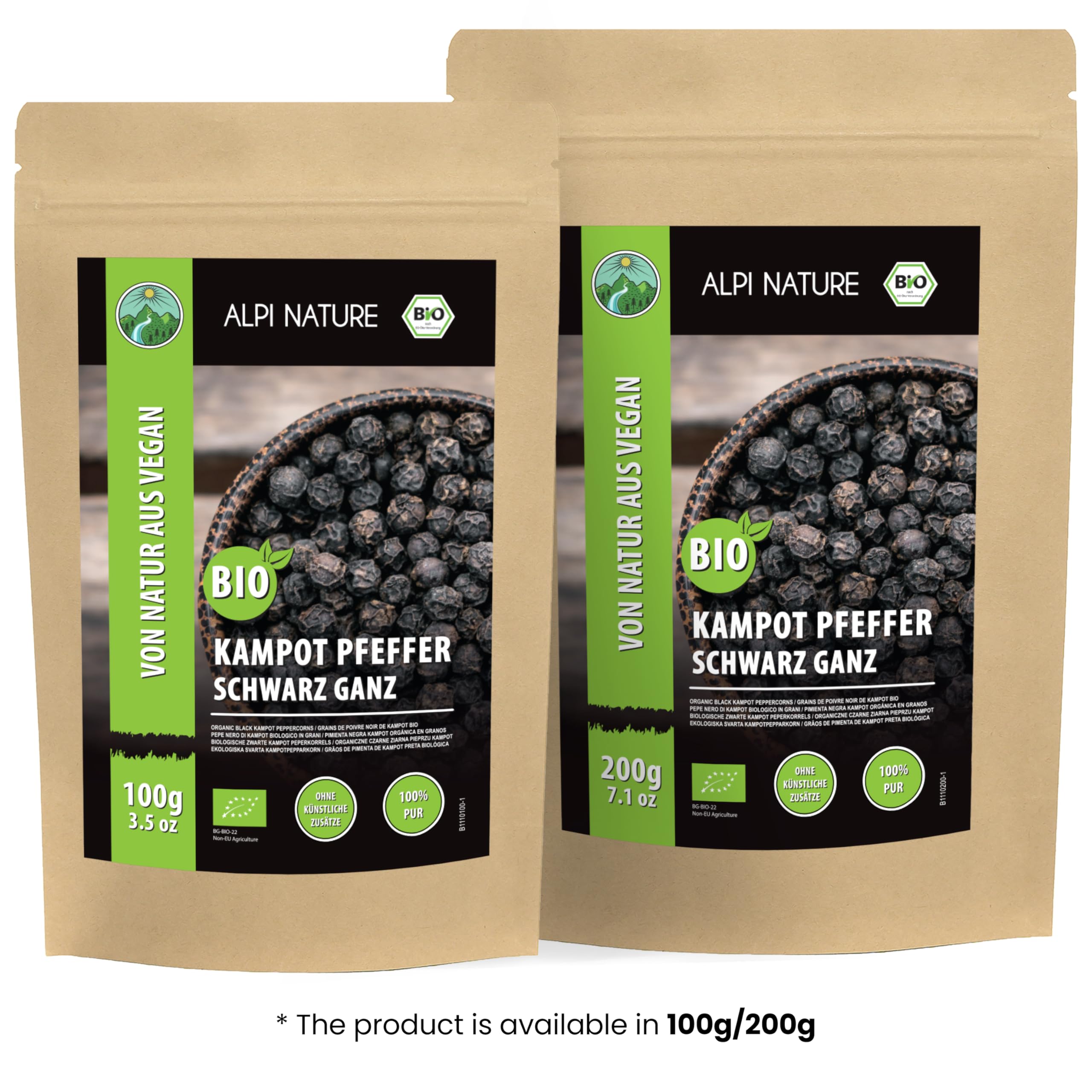 Alpi Nature Pepe Nero di Kampot BIO 200g, Grani di Pepe di Kampot Biologico Interi per Cucinare