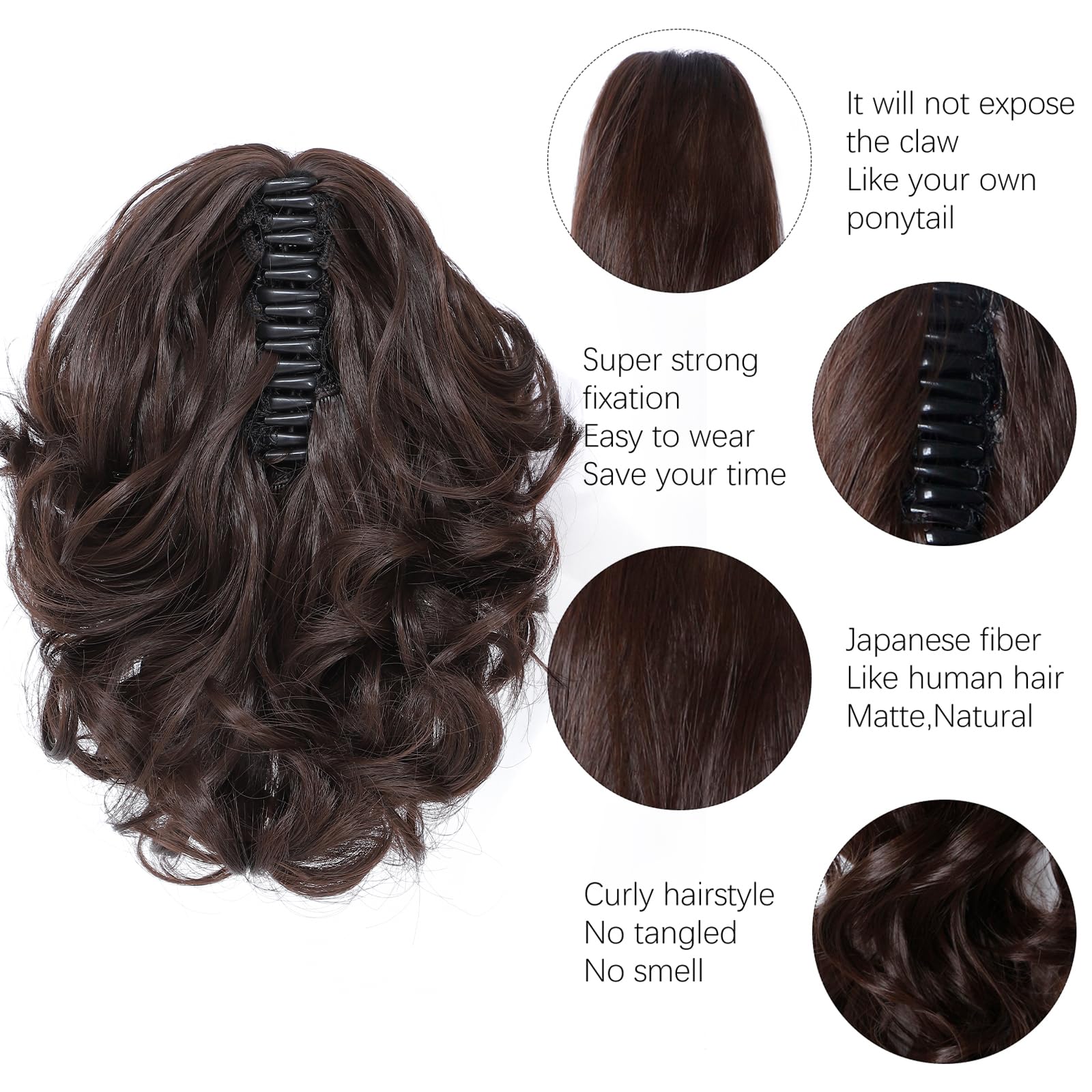 Yamel Ponytail Extension Long Curly Wavy Natural Medium Brown 8 Inch Claw Jaw Clip in Synthetic Hairpiece Pony Tail Tale - Image 3
