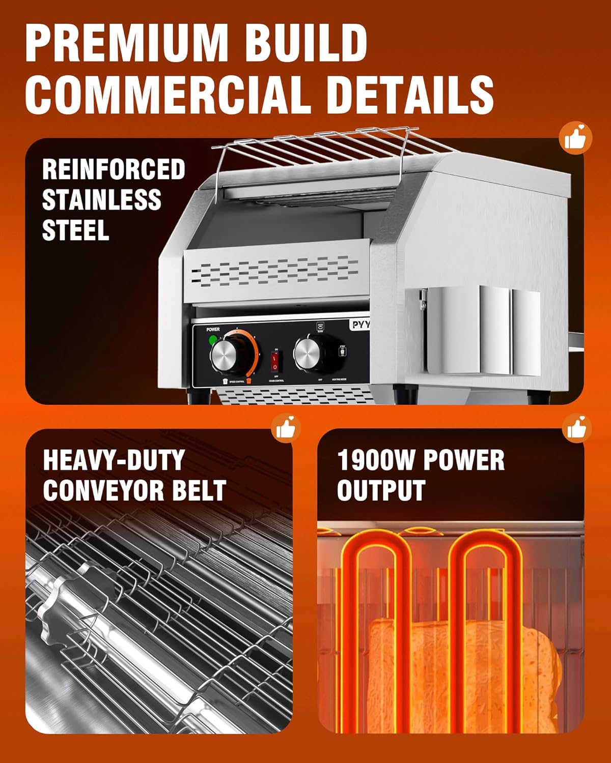 Close-up of the PYY Commercial Conveyor Toaster showing reinforced stainless steel, heavy-duty conveyor belt, and 1900W power output.