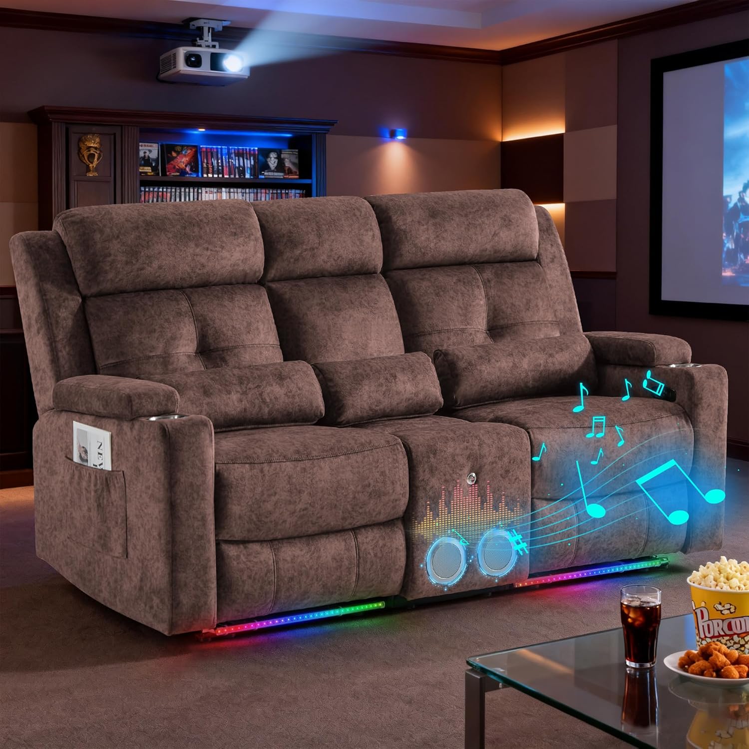Power Reclining Loveseat Sofa, Velvet Recliner Couch for Living Room, Home Theater Seating with LED Lights, Bluetooth Speaker,RV Recliner Sofa (Loveseat with Console, Brown)